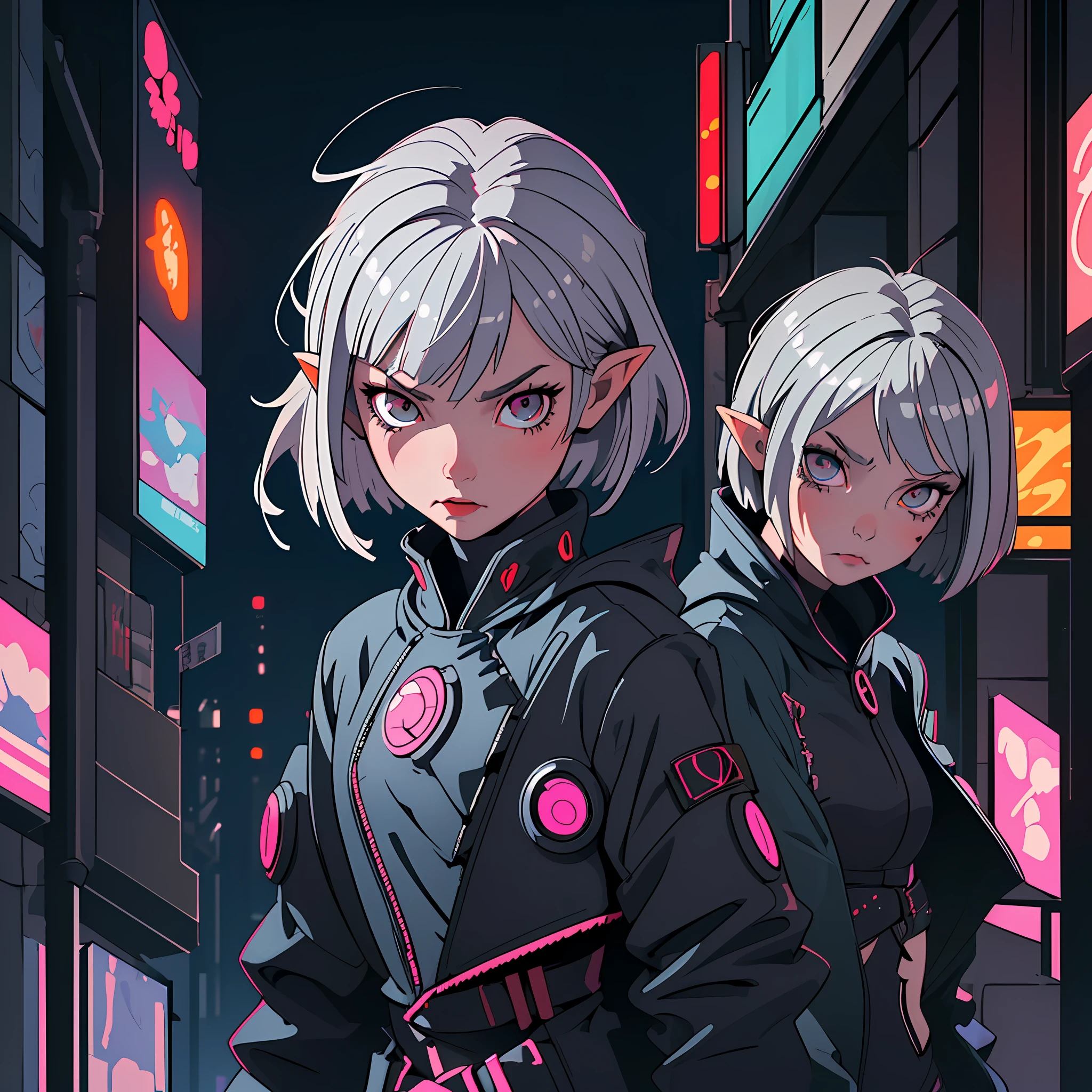 (Best Quality, Masterpiece) Cute  chibi girl in a technological suit, gray hair, bob haircut, vampire, pointed ears, close-up, upper half of the body, waist-deep, against the background of neon city, looking at the viewer, cyberpunk, night, illustration, harsh look