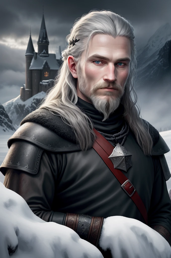 medieval portrait Rickard Karstark old viking in black clothing, sword at waist, black castle with snow in the background, character 2d game