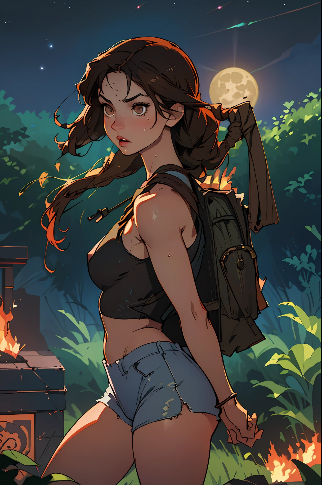 (best quality, masterpiece1.2), (detailed eye:1.2), complex detail, depth of field, 1girl, jungle, crop top, sweat, brown hair, exploration, good proportion, curvy, night, moon, backpack, (tomb raider: 1.2), (Lara Croft: 1.2), gun strap to leg, action, dynamic, (big fire), lost temple, cameltoe, tight tank top, (ripped clothes), nipple, clothes tearing down, sweat, water