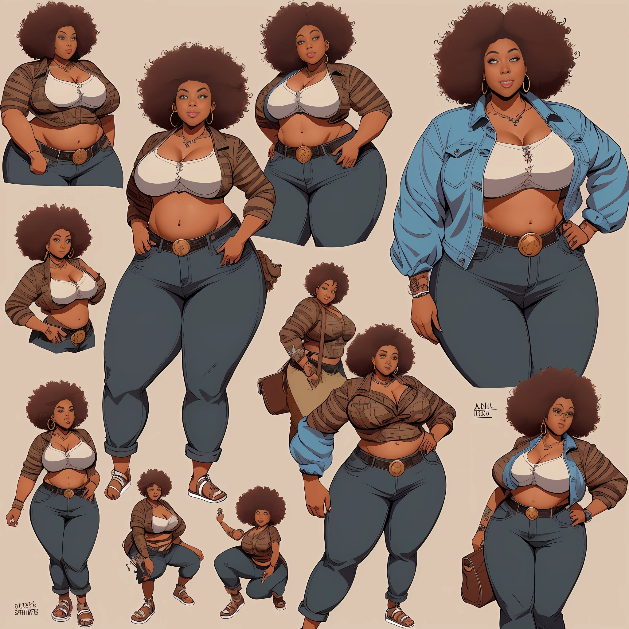 Twist, sketches of an overweight woman, realistic, poor woman, (((face with afro features)))), ((brown skin)), wide hips, wide back, wearing light jeans, ((street art style)), ripped jeans and leather sandals, handmade handbag, handmade earrings, highlighted dark hair, ((curly hair)), localized fat, ((((wide waist)))), (front pose), (side pose), (back pose), high quality character design,  character design art, artstation art, highly detailed character design, comic book drawing concept art, comic art, character design, professional character design, character design concept art, concept art illustration, colorful concept art, character concept art, stylized character design, [character design]