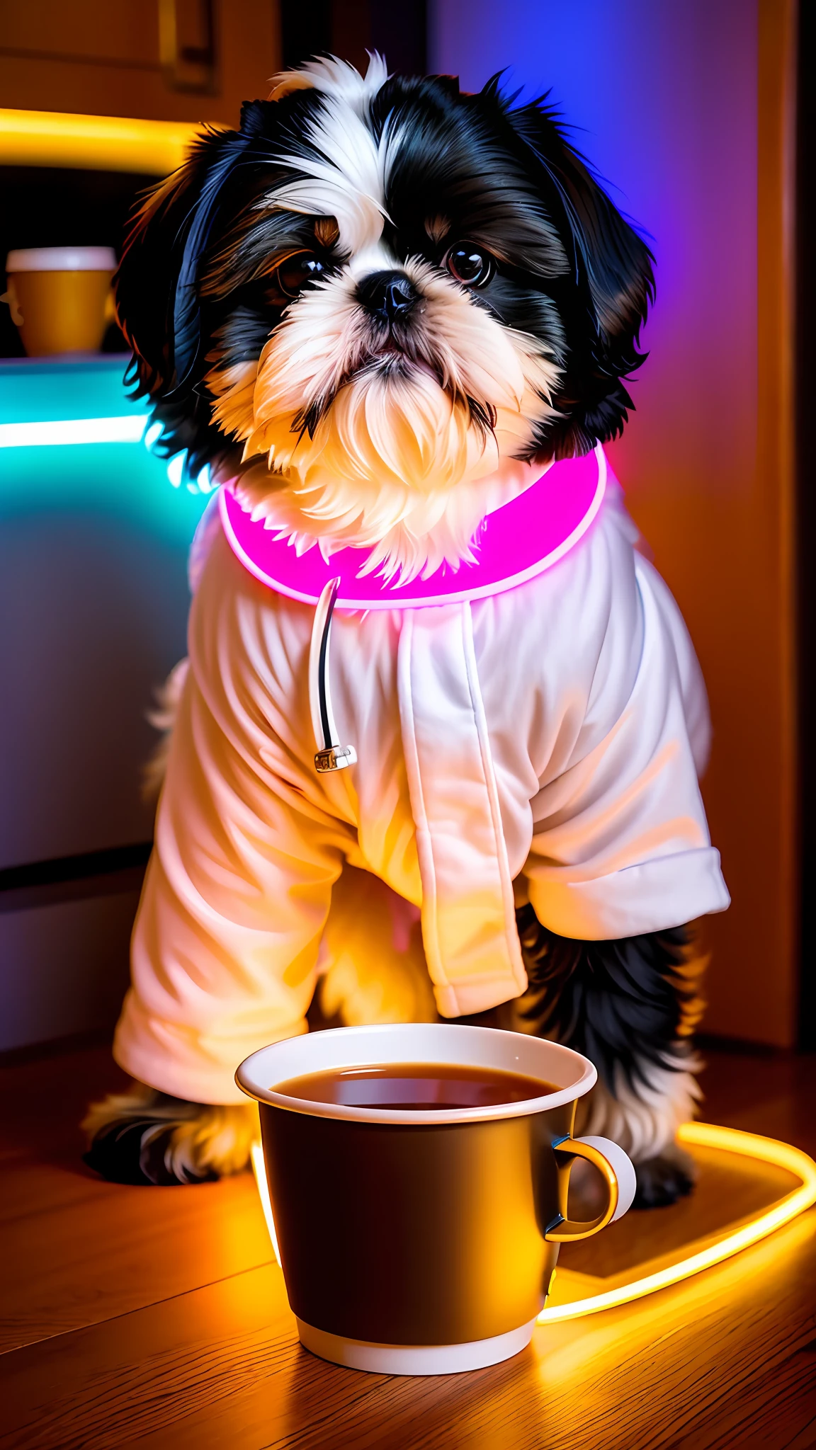 (Shih-tzu dog:1.3) holding a cup of coffee, sitting, in a bathrobe, eating breakfast and holding a cup of coffee, coffee beans, diffuse lighting, colorful kitchen, wooden floor and chair, many gadgets and equipment, equipment are in neon, smoke, neon lights around,