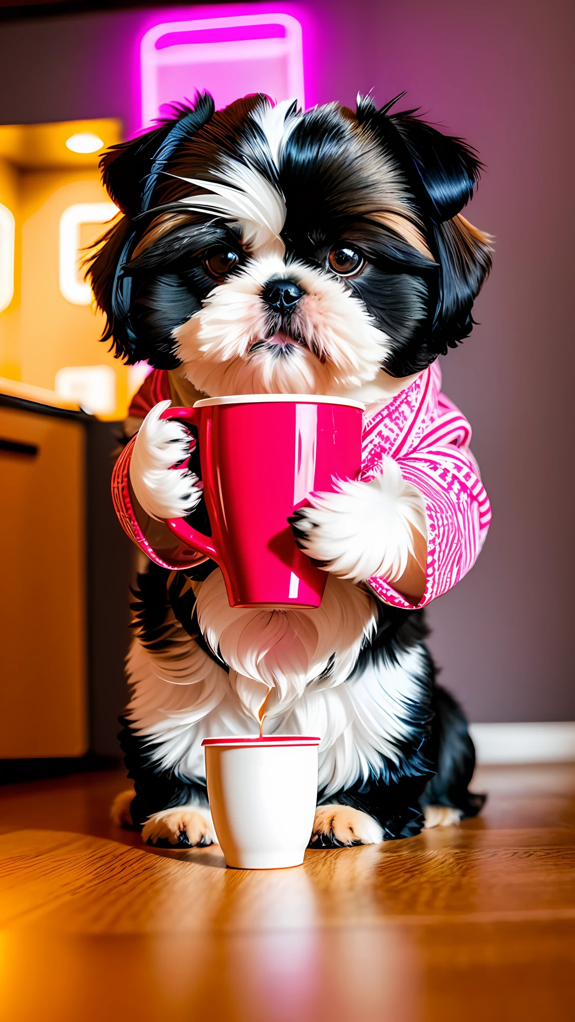 (Shih-tzu dog:1.3) holding a cup of coffee, sitting, in a bathrobe, eating breakfast and holding a cup of coffee, coffee beans, diffuse lighting, colorful kitchen, wooden floor and chair, many gadgets and equipment, equipment are in neon, smoke, neon lights around,