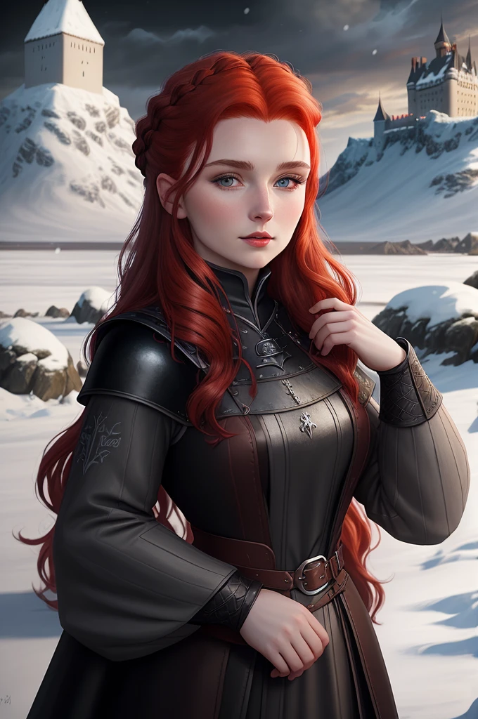 medieval portrait Alys Karstark young red-haired viking woman in black clothing, black castle with snow in the background, character 2d game