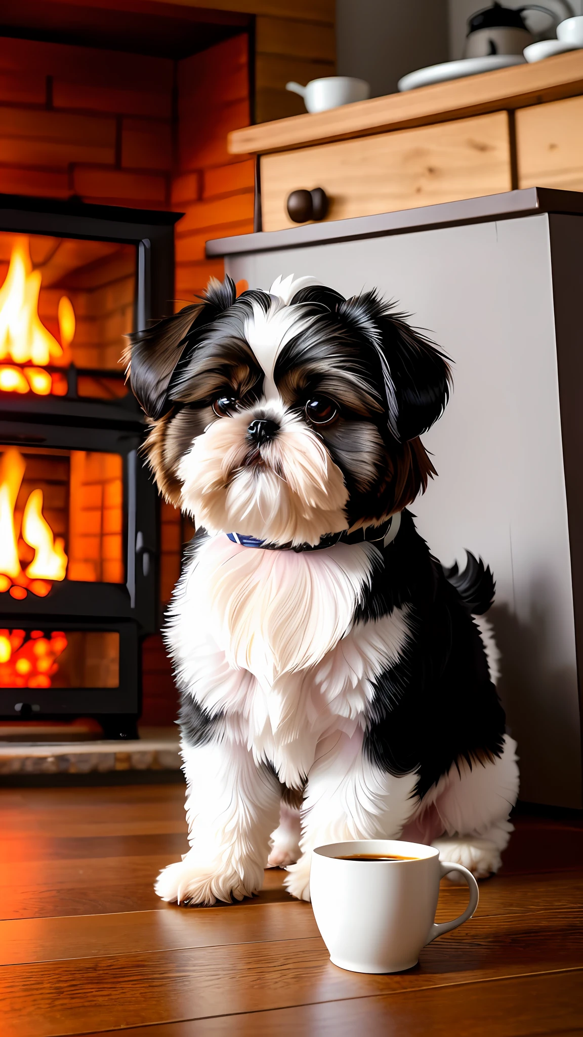 (Shih-tzu dog:1.3) holding a cup of coffee, sitting, in a bathrobe, eating breakfast and holding a cup of coffee, coffee beans falling, diffuse lighting, rustic kitchen, wooden floor and chair, coffee maker and equipment, smoke, neon lights around, fireplace lit in the background, pile of wood