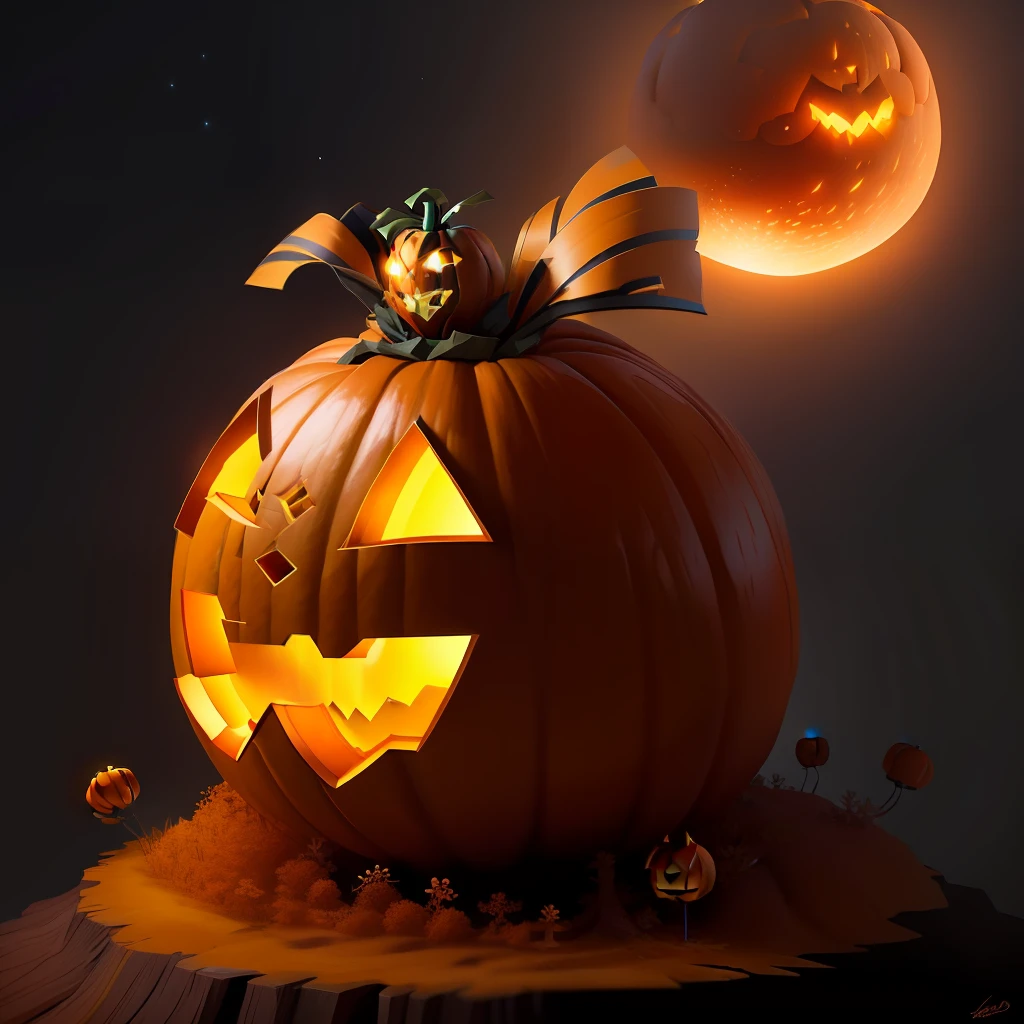 an anthill made from pumpkin night animation,pumpkin head with big ribbons,fantasy,upscales