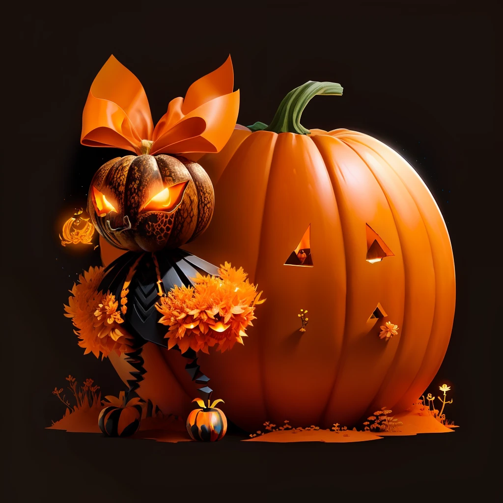 an anthill made from pumpkin night animation,pumpkin head with big ribbons,fantasy,upscales