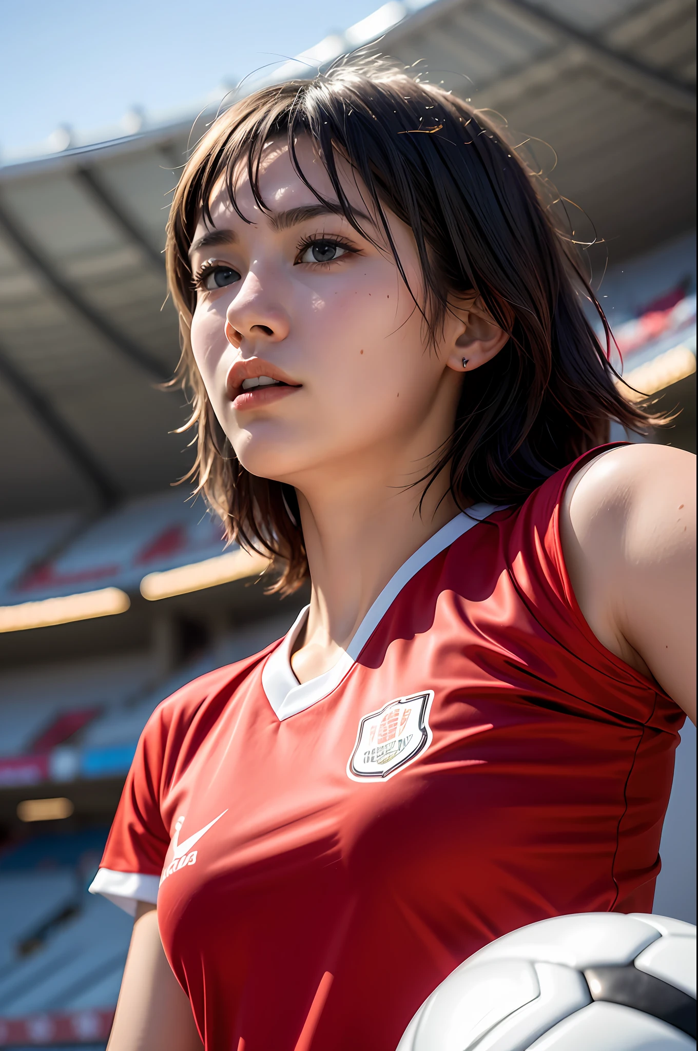 Best quality, masterpiece, ultra high res, (photorealistic:1.4),highly detailed, Caucasian girl, no smiling, serious, profesional ,Playing Soccer ,in stadium,red Tshirt and short