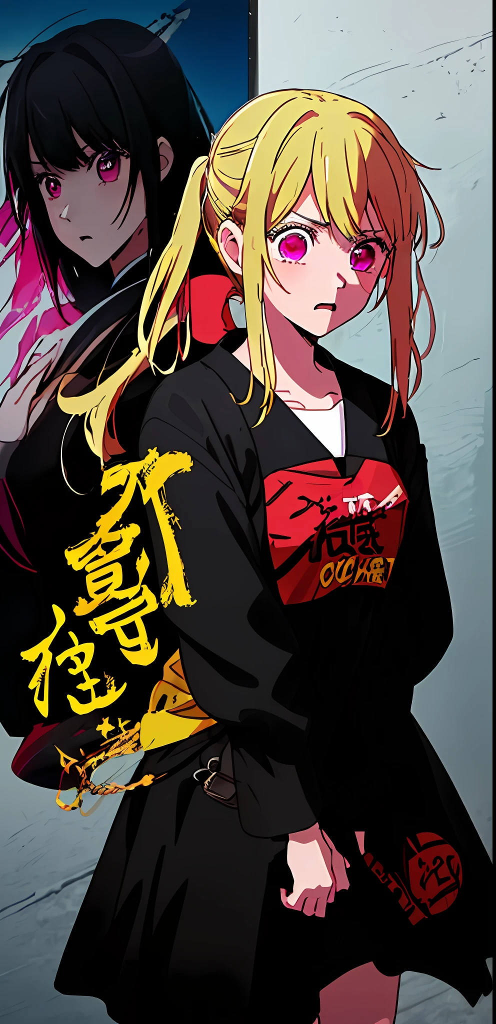(((dramatic))), (((gritty))), (((intense)))) The movie poster features as the central character. She is shy in the center of the poster, wearing kunoichi outfit, and a determined expression on her face. The background is dark and gritty, with a feeling of drunkenness. The text is bold and eye-catching, with catchy slogans that add to the overall drama and excitement. The color palette is dominated by dark colors, dotted with bright colors, giving the poster a dynamic and visual impact, tachi-e (magazine:1.3), (cover-style:1.3), fashionable, vibrant, outfit, posing, front, colorful, dynamic, background, element, confident, expressive, holding, statement, attachment, majestic, coiled, around, touch, scene, text, cover, bold, eye-catching, title, fashion, font, catchy, title, bigger, eye-catching, focused, stylish, 1 girl, shinobi, kunoichi, blonde hair, solo, pink eyes, glowing eyes, star pupil.