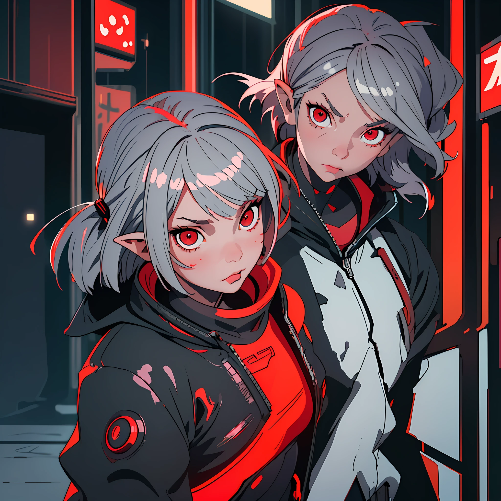 (best quality, masterpiece) one cute chibi girl in a technological suit, gray hair, red eyes, short bob haircut, vampire, pointed ears, close-up, upper half of the body, waist-deep, against the background of a red neon city, looking at the viewer, cyberpunk, red signs, a lot of red details, night, illustration, stern look