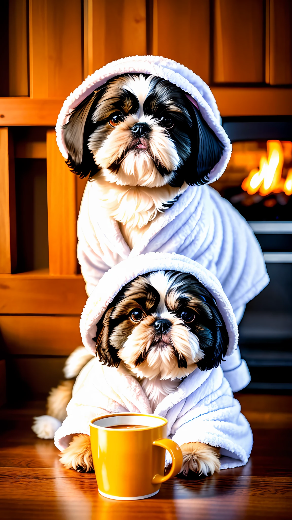 (Shih-tzu dog:1.3) holding a cup of coffee, sitting, in a bathrobe, eating breakfast and holding a cup of coffee, coffee beans falling, diffuse lighting, rustic kitchen, wooden floor and chair, coffee maker and equipment, smoke, neon lights around, fireplace lit in the background, pile of wood