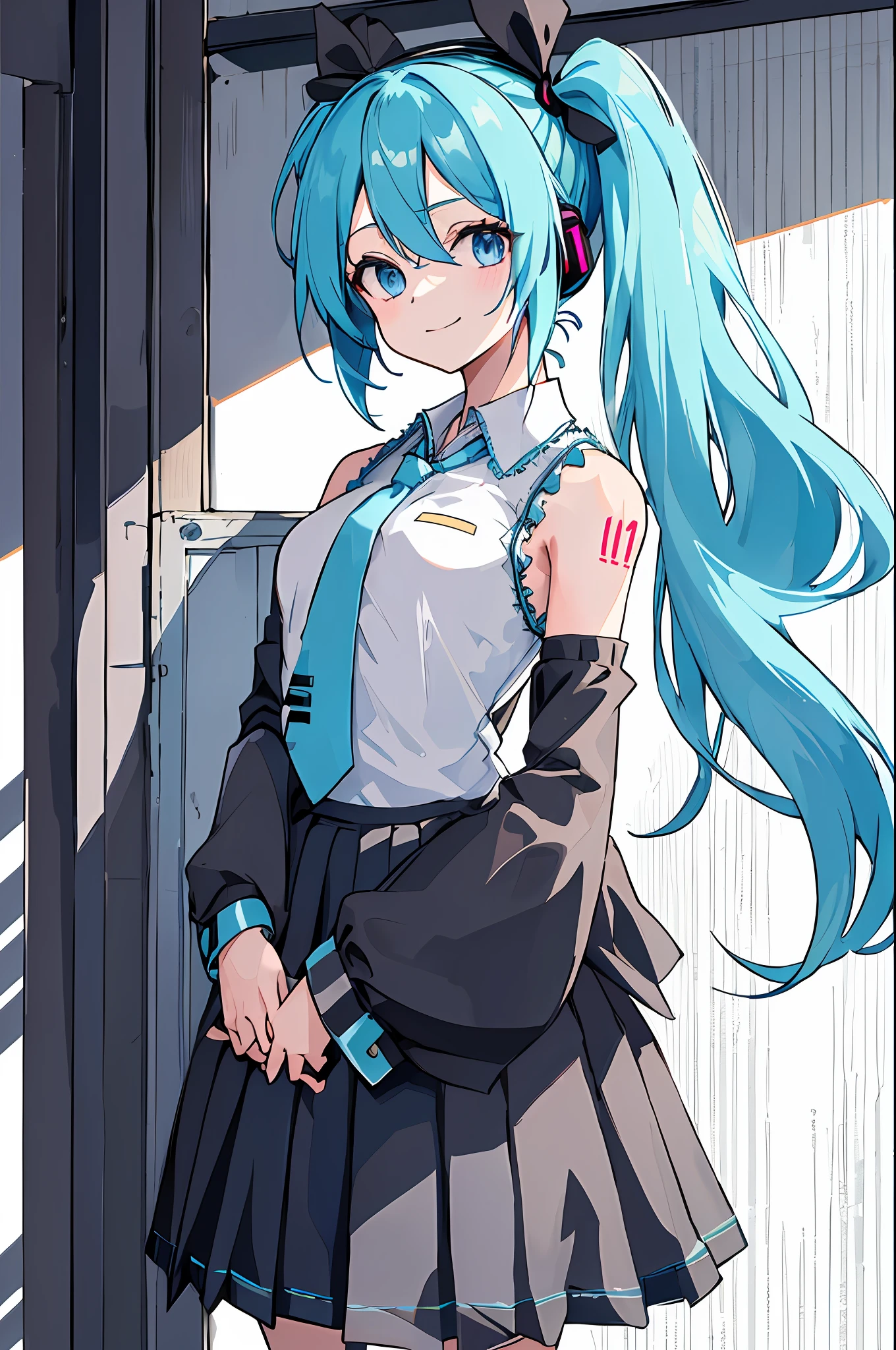 1girl, updo, skirt, bow, shirt, necktie, hatsune miku, detached sleeves, hair bow, black skirt, smile, pleated skirt, blue bow, collared shirt, ear bow, looking at viewer, black sleeves, cowboy shot, sleeveless shirt, hatsune miku (cosplay), cosplay, bangs, sleeveless, >_<, headphones, blue eyes, heart, closed mouth, hands up, white shirt, blue hair, aqua necktie, bare shoulders, long sleeves, aqua hair