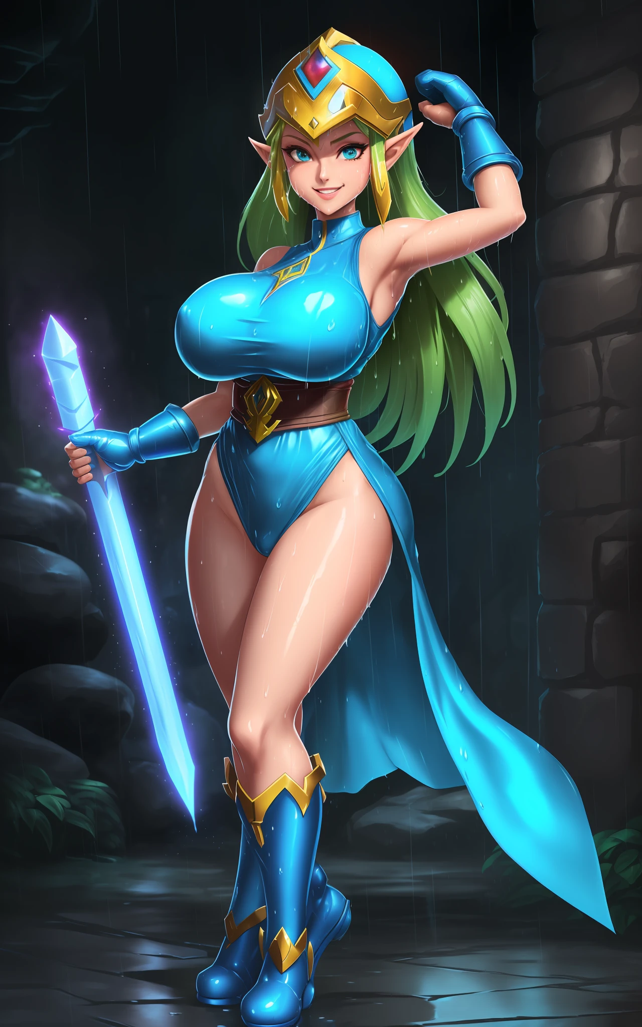 ((1Princess Zelda/Mega Man-X/Samus Aran/helmet on the head/doing exhibitionist poses/huge breasts/short mohawk hair/full body tattoos/leser cannon attached to the non-right/extremely wet/looked at the viewer with a manic smile. Background:Futuristic Masmora with all wet because of rain/raining too hard inside the dungeon),Max Resolution/Sharpness/Quality/Detail, Mortal Kombat