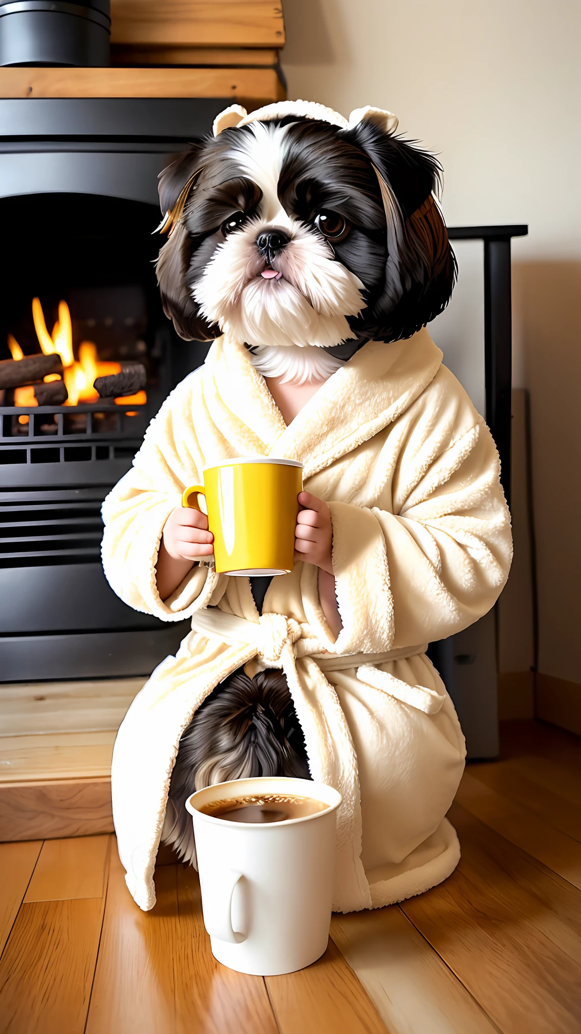 (1 a Shih-tzu dog White and beige:1.3) holding a cup of coffee, sitting, in a bathrobe, eating breakfast and holding a cup of coffee, coffee beans falling, diffuse lighting, rustic kitchen, wooden floor and chair, coffee maker and equipment, smoke, neon lights around, fireplace lit in the background, pile of firewood