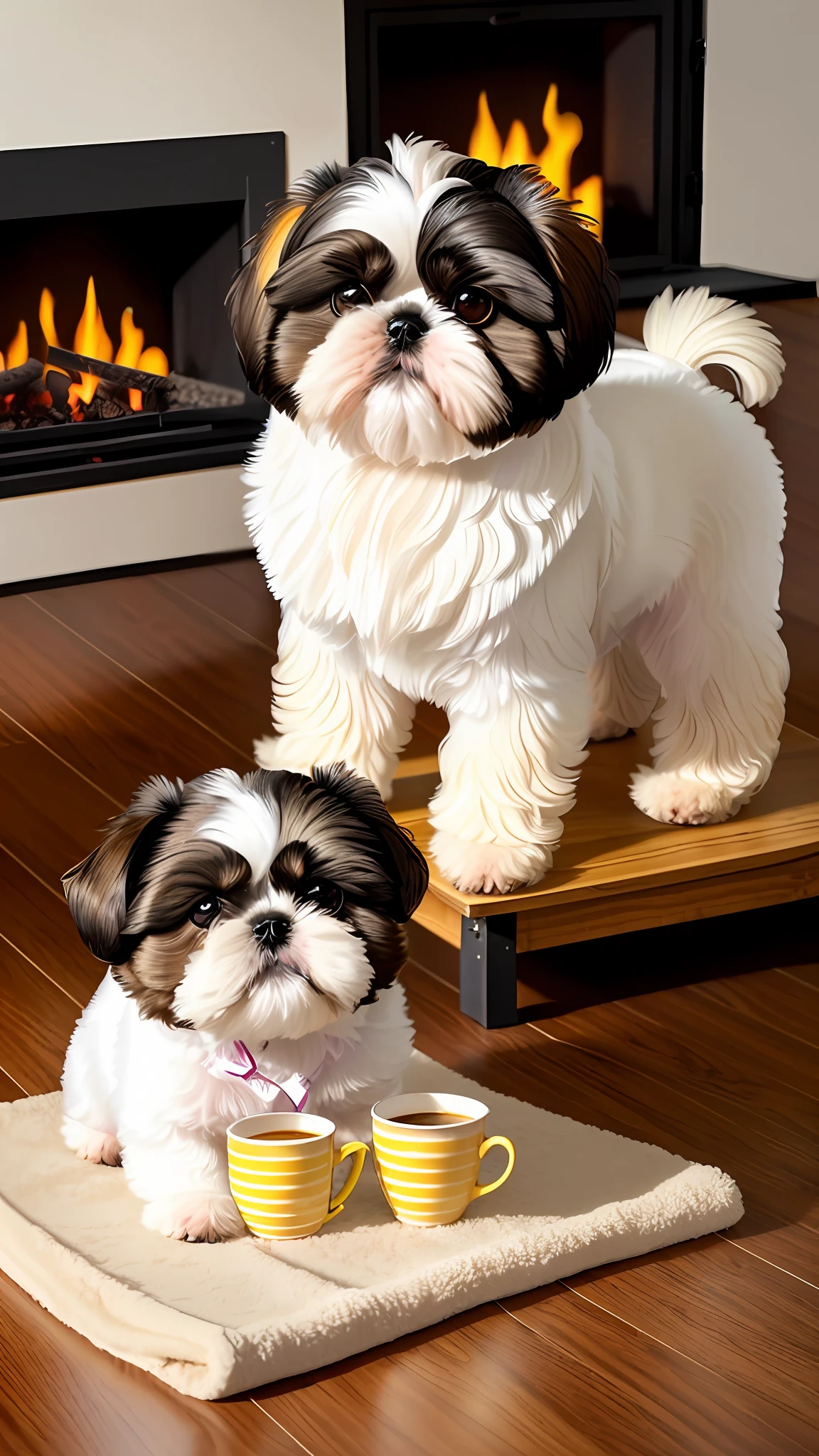 (1 a Shih-tzu dog White and beige:1.3) holding a cup of coffee, sitting, in a bathrobe, eating breakfast and holding a cup of coffee, coffee beans falling, diffuse lighting, rustic kitchen, wooden floor and chair, coffee maker and equipment, smoke, neon lights around, fireplace lit in the background, pile of firewood