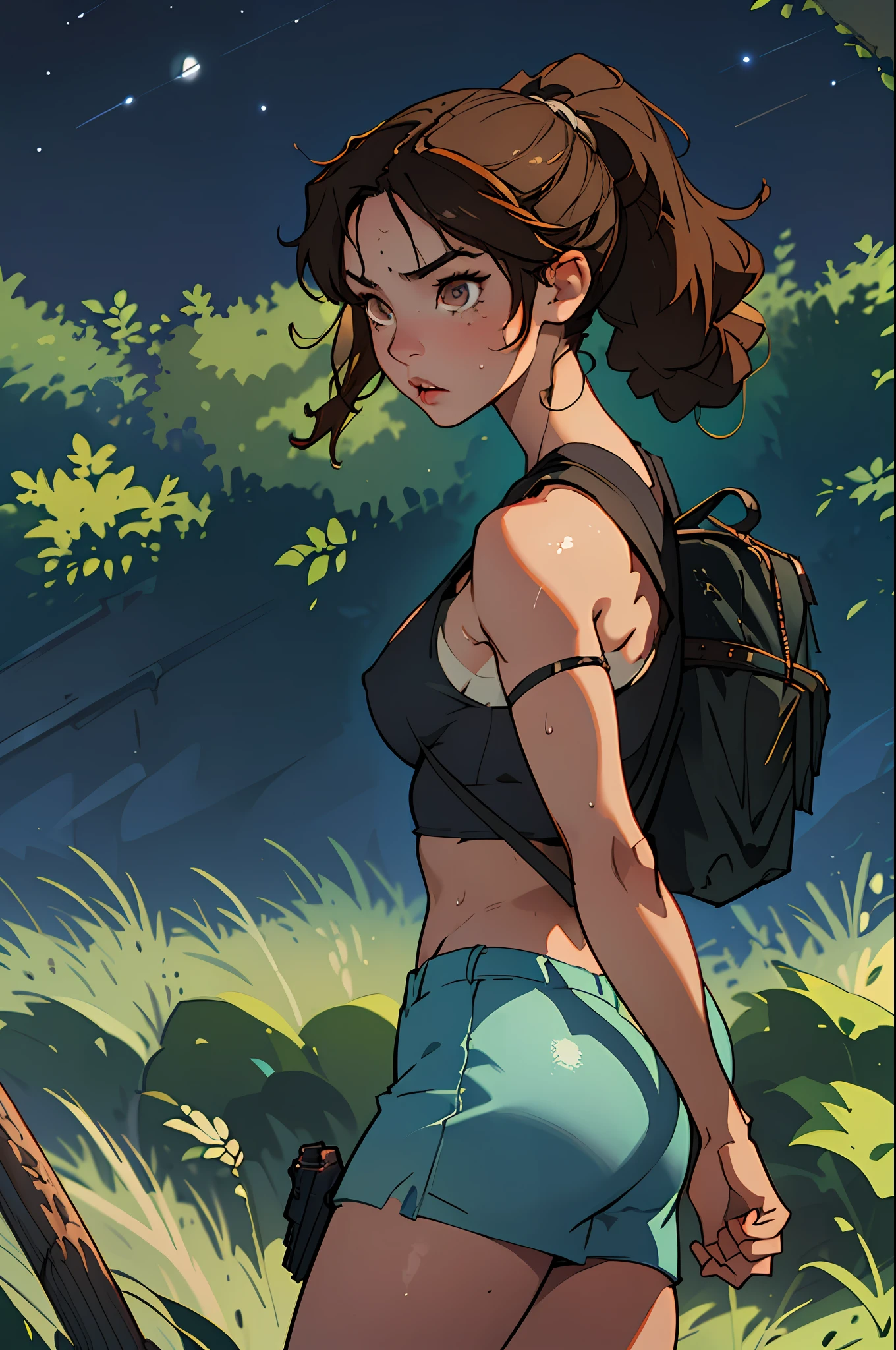 (best quality, masterpiece1.2), (detailed eye:1.2), complex detail, depth of field, 1girl, jungle, crop top, sweat, brown hair, exploration, good proportion, curvy, night, moon, backpack, (tomb raider: 1.2), (Lara Croft: 1.2 ), gun strap to leg, action, dynamic, (wet), lost temple, cameltoe, tight tank top, (ripped clothes), nipple, clothes tearing down, sweat, seductive face, cute