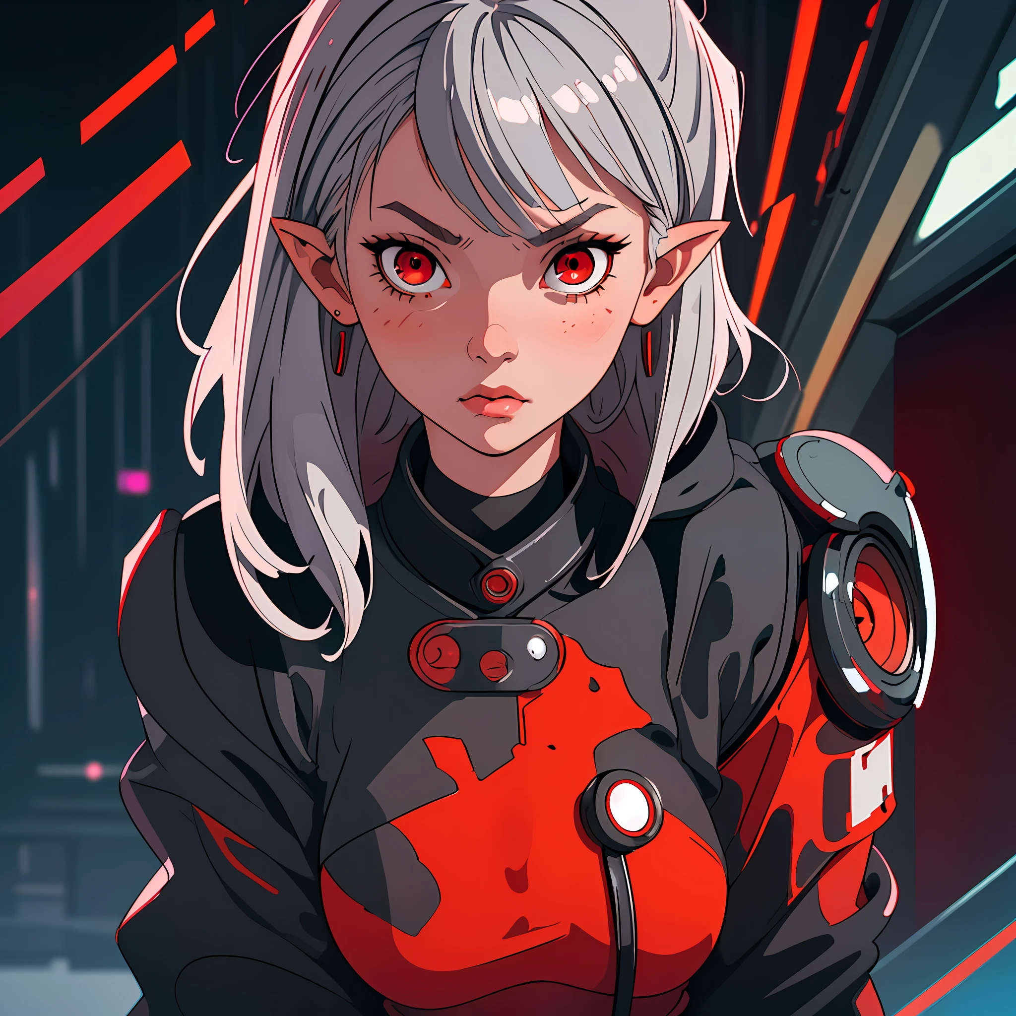 (Best Quality, Masterpiece) One Chibi Girl in Tech Costume (Girl:1), gray hair, red eyes, short bob haircut, pointed ears, close-up, upper half of the body, waist-high, red city background, looking at the viewer, cyberpunk, lots of red details, night, illustration, stern look