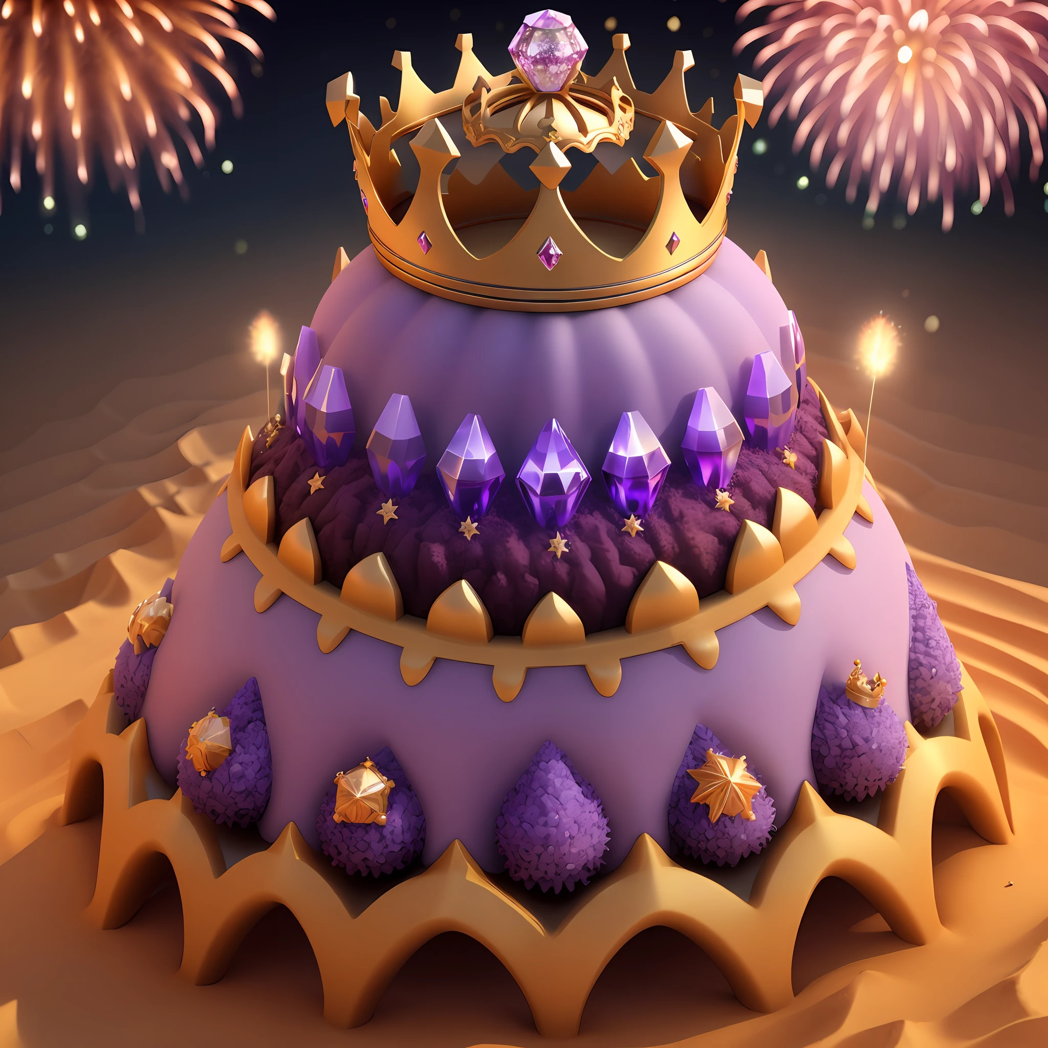 An anthill in the shape of a crown made of sand and grass, there is a purple diamond in the center of the crown, accompanied by fireworks, 3d, fantasy