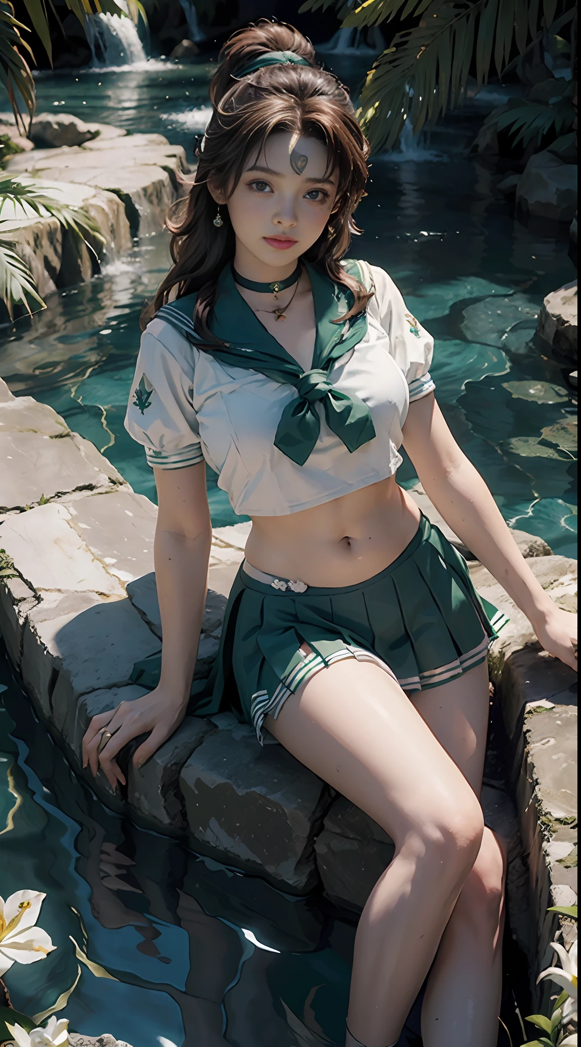 ((Sailor Jupiter Mariner Jupiter: 5)) Best Quality, Ultra High Resolution, Masterpiece, (Realisticity: 1.6), 16K, (1girl with open belly button), white stockings, rainforest, flowers.