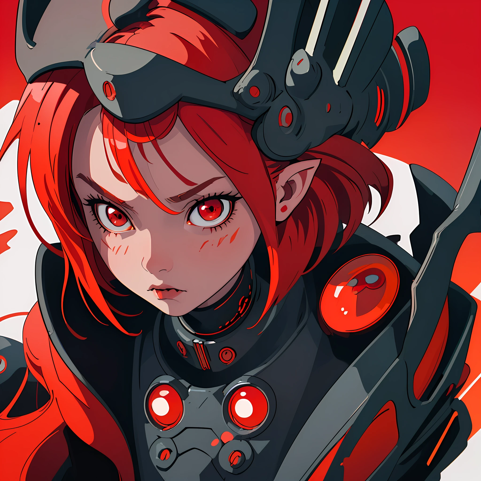 (best quality, masterpiece) one cute chibi girl in a technology suit, red hair, red eyes, short bob haircut, vampire, pointed ears, close-up, upper half of the body, waist-deep, red neon city background, looking at the viewer, cyberpunk, red signs, a lot of red details, night, illustration, harsh look