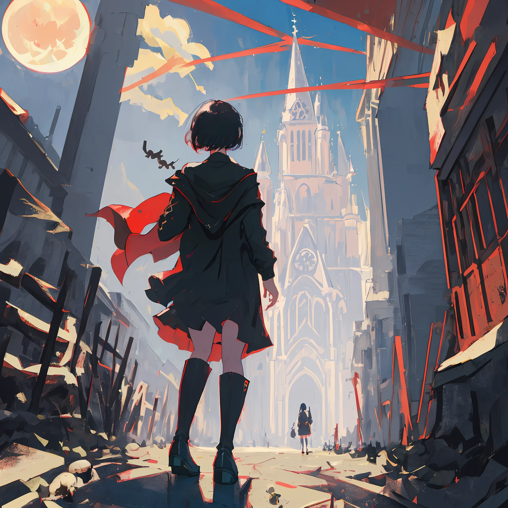 mksks style, masterpiece, highest quality, super detailed, illustration, close-up, straight shot, 1 girl, back, faceless, black hair, short haircut standing next to the castle, blood, skulls, night, shadow, moon