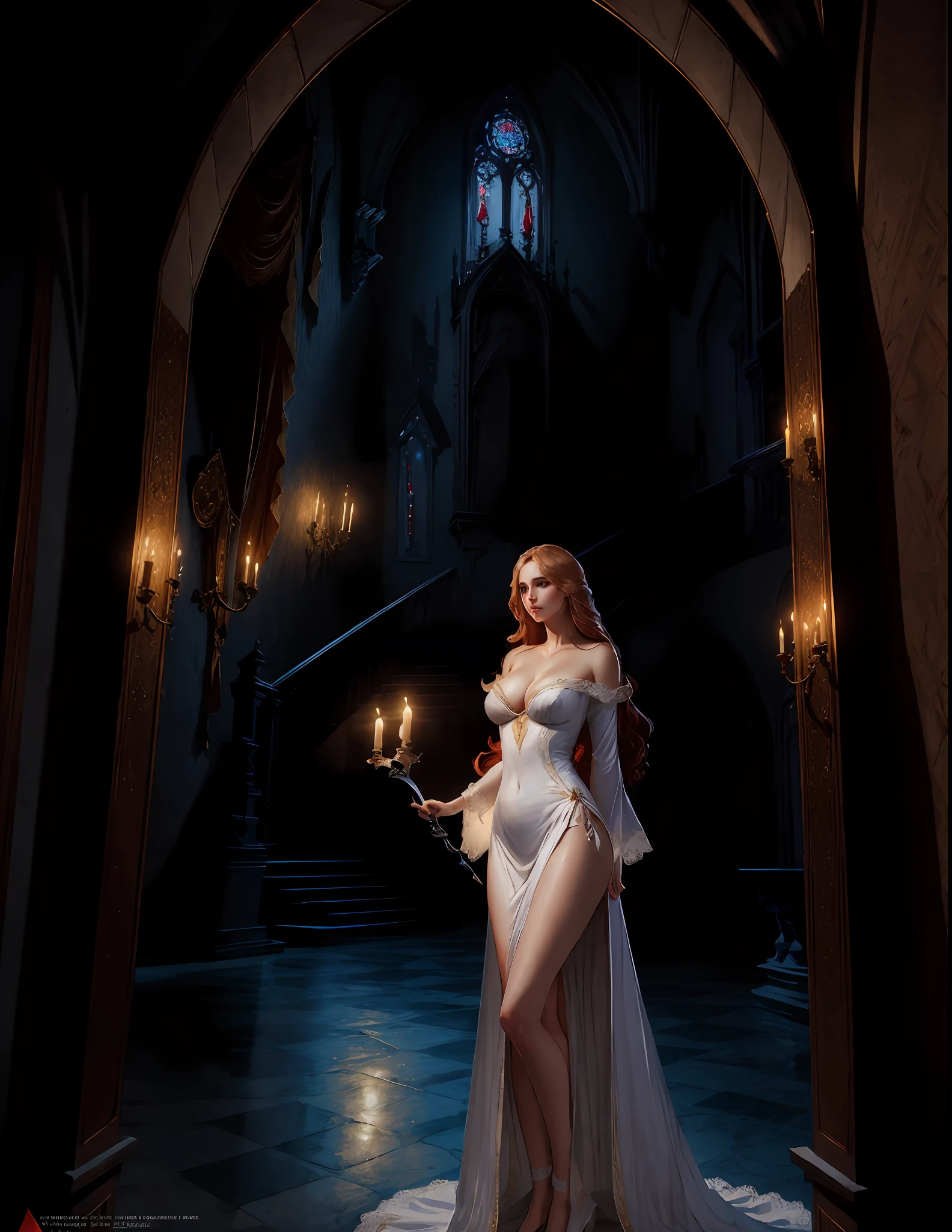 masterpiece, highest quality, solo focus, (perfect face: 1.1), (high detail: 1.1), dramatic and dynamic pose, 1 girl, breasts, blond hair, blue eyes, solo, cleavage, long hair, curves, big breasts, see -through, dress, thighs, navel covered, white dress, bare shoulders, wide hips, thick thighs, lips, cutlery, bathrobe, pelvic curtain, castle, night, moon, detailed background, art by artgerm and greg rutkowski, cinematic lighting, vampire, catlevania, red hair