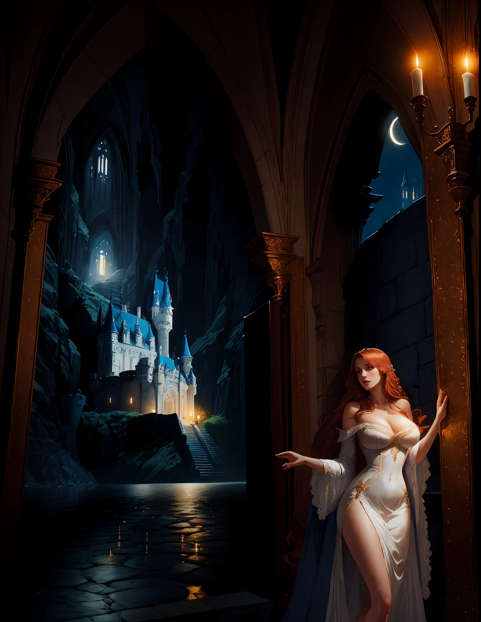 masterpiece, highest quality, solo focus, (perfect face: 1.1), (high detail: 1.1), dramatic and dynamic pose, 1 girl, breasts, blond hair, blue eyes, solo, cleavage, long hair, curves, big breasts, see -through, dress, thighs, navel covered, white dress, bare shoulders, wide hips, thick thighs, lips, cutlery, bathrobe, pelvic curtain, castle, night, moon, detailed background, art by artgerm and greg rutkowski, cinematic lighting, vampire, catlevania, red hair