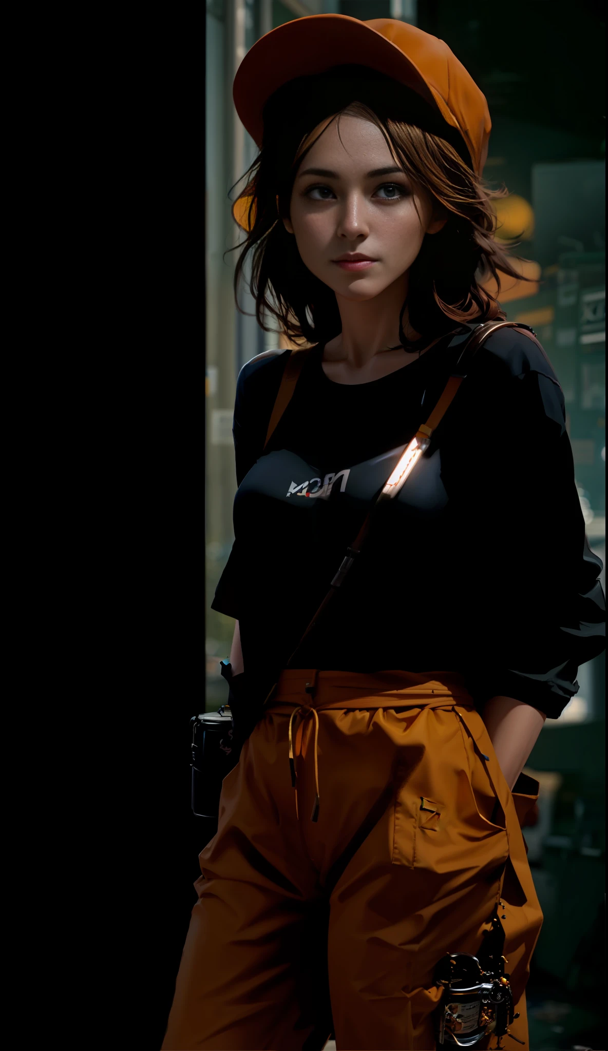 There is a woman in an orange hat and pants holding a bucket of dulce de leche, Wojtek Fus, CGSyence 8K, CGSyrention 8K, CGSyencenation 8K, Chell, CGSsociety, 9, CGSsociety, and Fenghua Zhong, Akihiko Yoshida. Unreal engine, Octane CGSetivity, CGSetnity), worksafe. cgsociety, worksafe.cgsociety