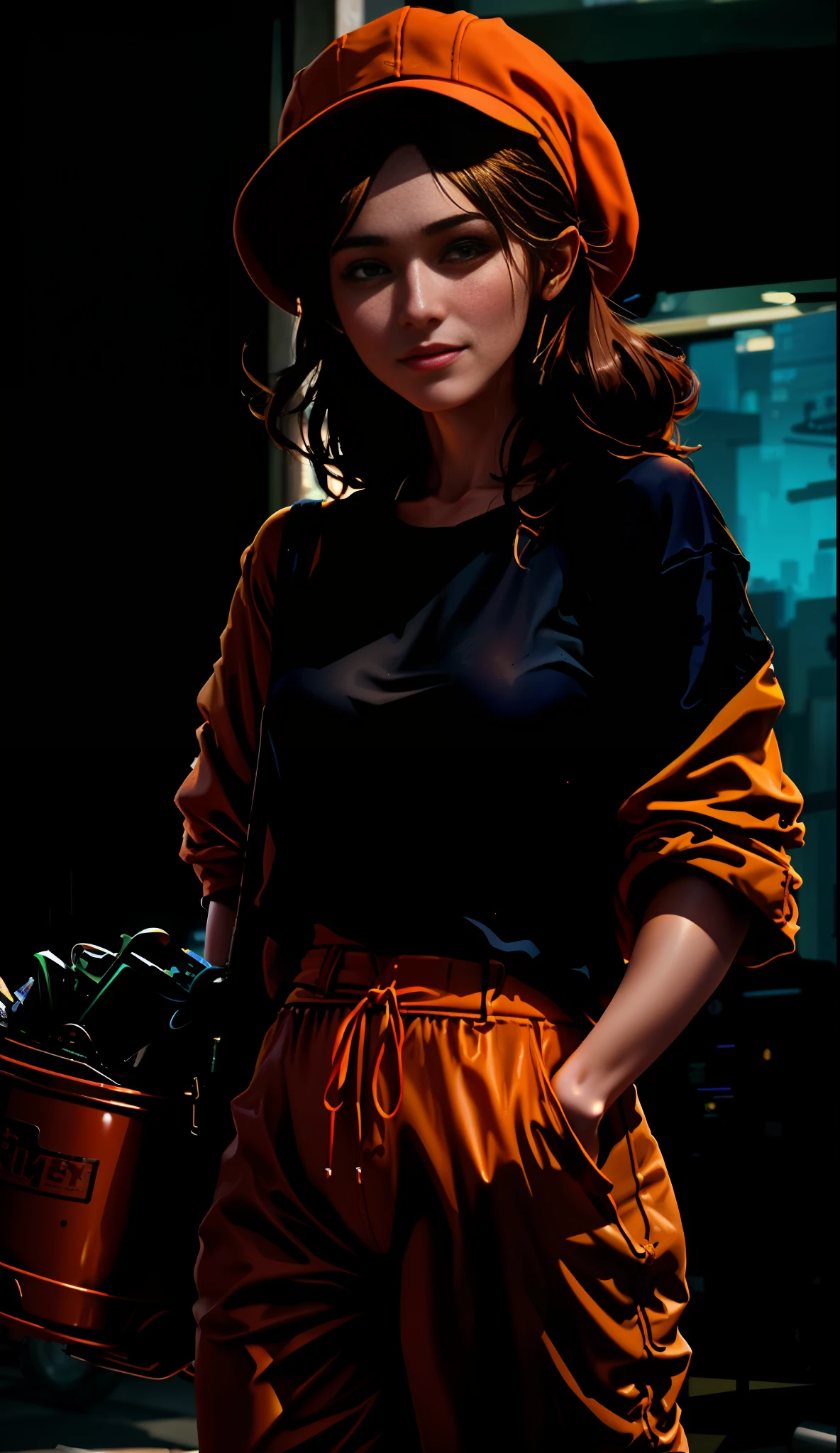 There is a woman in an orange hat and pants holding a bucket of dulce de leche, Wojtek Fus, CGSyence 8K, CGSyrention 8K, CGSyencenation 8K, Chell, CGSsociety, 9, CGSsociety, and Fenghua Zhong, Akihiko Yoshida. Unreal engine, Octane CGSetivity, CGSetnity), worksafe. cgsociety, worksafe.cgsociety