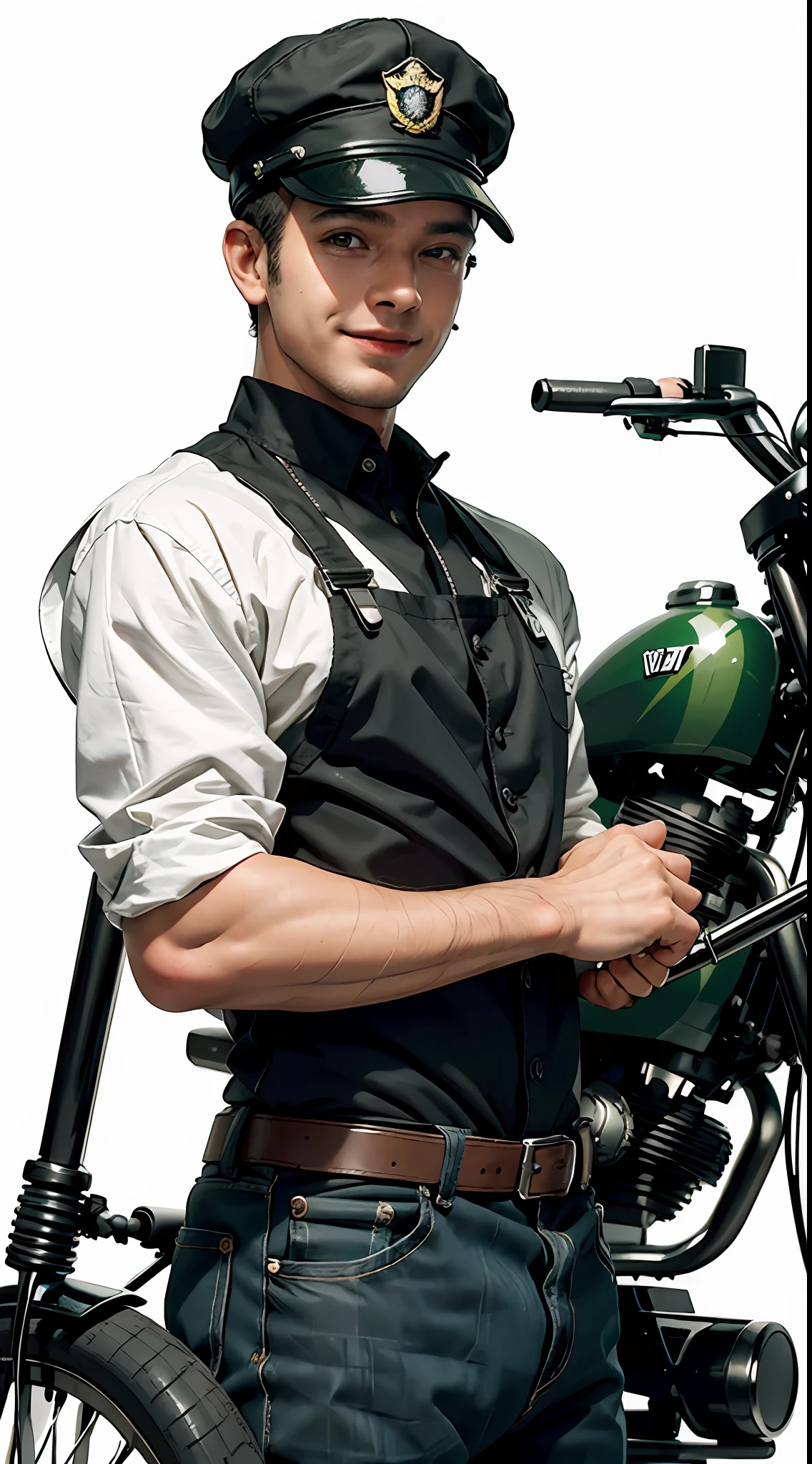 Best quality, realistic, award-winning illustration, (complicated detail: 1.2), (fine detail), (complicated detail), (cinematic lights, best quality), sharp lines, sharp focus, official art, 16k, on a white background, A man with smiling face, Brazilian, wearing cap, cap green color with black, bald hair, wearing jeans posing for a photo, bike wasp model 1970, white background, a playful young boss,  Wearing black apron uniform with green, man of amazing body, next to black wasp bike, pronounced masculine feature, flirting with the camera.