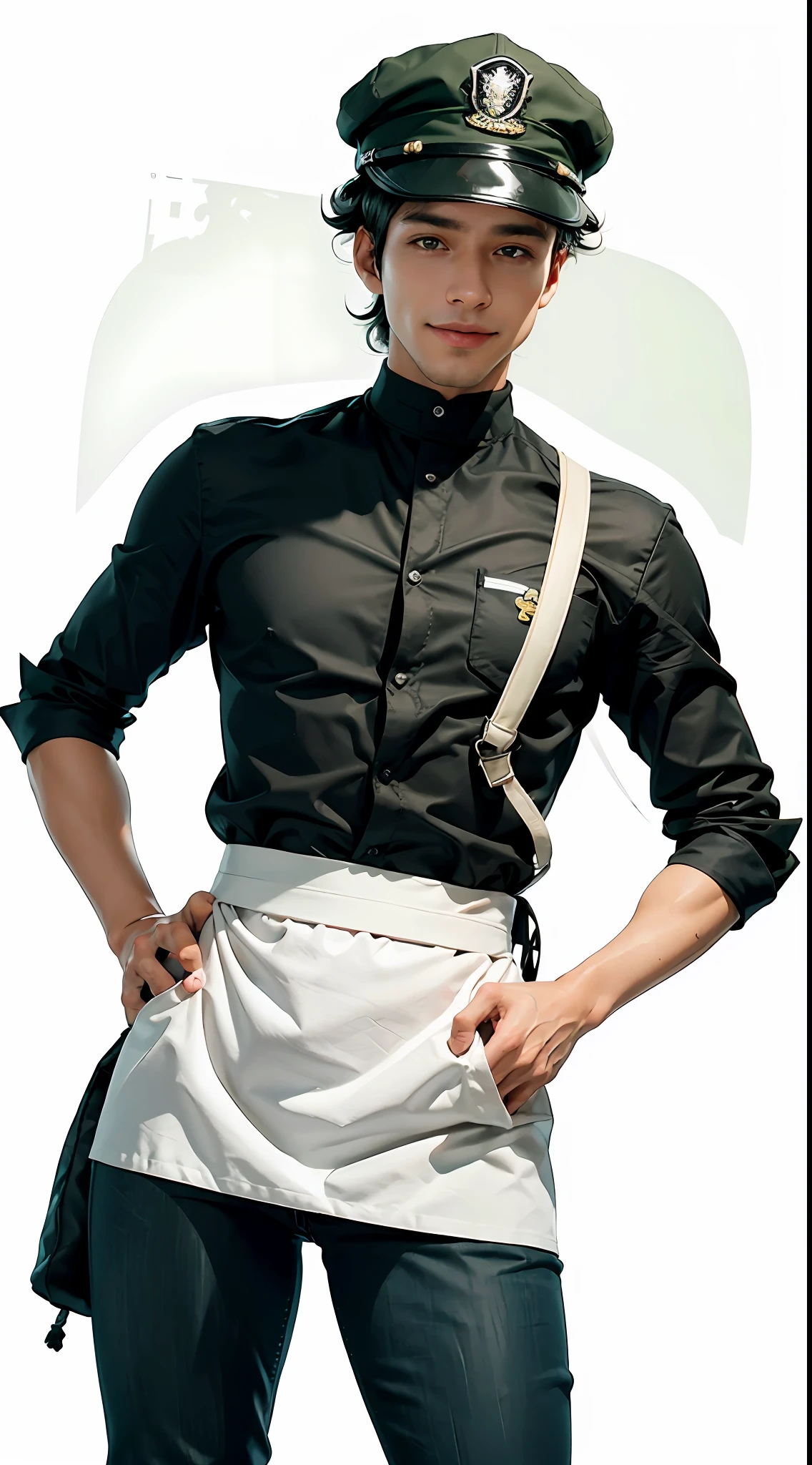 Best quality, realistic, award-winning illustration, (complicated detail: 1.2), (fine detail), (complicated detail), (cinematic lights, best quality), sharp lines, sharp focus, official art, 16k, on a white background, A man with smiling face, Brazilian, wearing cap, cap green color with black, bald hair, wearing jeans posing for a photo, bike wasp model 1970, white background, a playful young boss,  Wearing black apron uniform with green, man of amazing body, next to black wasp bike, pronounced masculine feature, flirting with the camera.