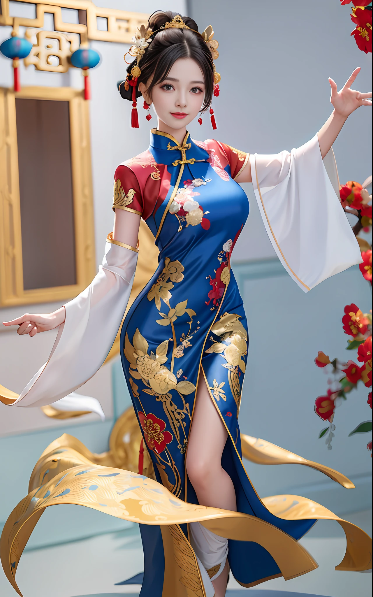 Close up of a woman of perfect figure, cheongsam, Chinese costume, Chinese style, Chinese traditional clothing, Chinese Traditional, wearing blue cheongsam, wearing red cheongsam, Chinese woman, wearing beautiful clothes, Chinese girl, Chinese clothing, traditional beauty, wearing ancient Chinese clothing, wearing gorgeous clothes, asian woman