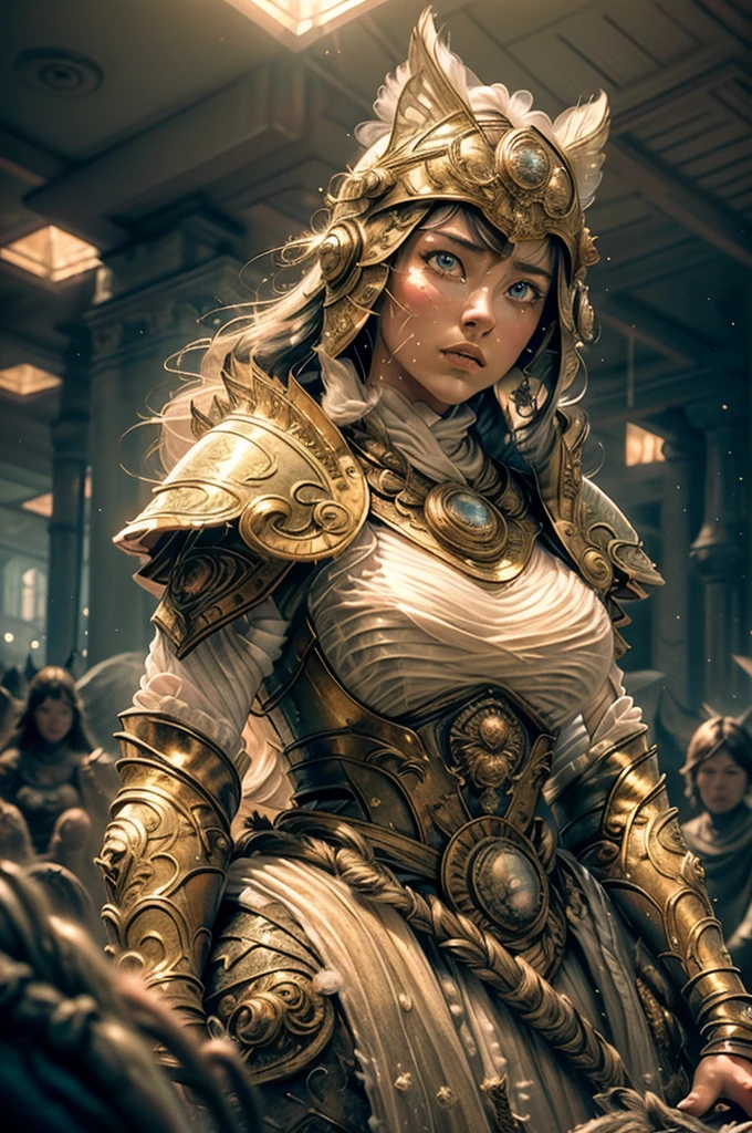 (Masterpiece:1.2), best quality, (illustration:1.2), (ultra-detailed),Eye focus,(Masterfully crafted Glow, pink lens flare), (Cinematic background), hyper details, (delicate detailed), (intricate details), octane render, hdr, (hyperdetailed:1.15), (soft light:1.2), extremely beautiful girl,(supermodel:1.3), woman made up from paint, entirely paint, splat, splash, (long dark hair:1.1),(glowing eyes), ((makeup)),(Cinematic masterpiece), delicate, powerful, splashes of colour absolutely eye-catching, (Cinematic headlight), ((caustic)), dynamic angle, beautiful detailed glow, ambient occlusion, ambient light, raytraced reflections,(best illumination, an extremely delicate and beautiful), ((cinematic light)), (soft:2), vibrant, high contrast, backlighting, big breast, intricate detailed eaba, red cape, spear, golden helm