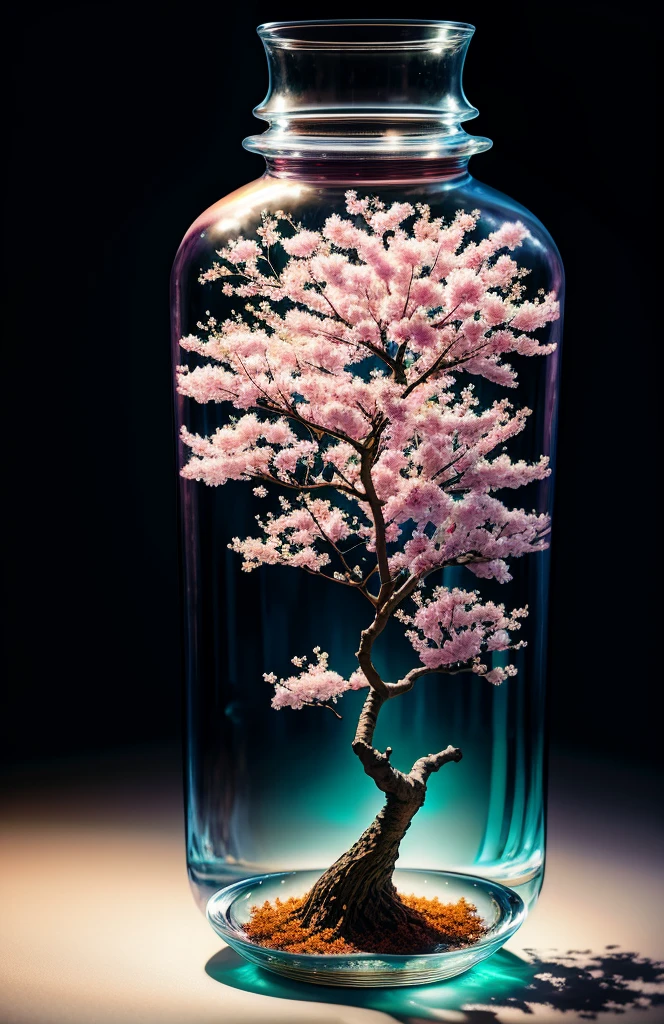 sakura tree in a bottle, fluffy, realistic, atmospheric light refraction, by lee jeffries nikon d850 film stock photograph 4 kodak portra 400 camera f1.6 lens rich colors hyper realistic lifelike texture dramatic lighting unreal engine trending on artstation cinestill 800, Style-Glass