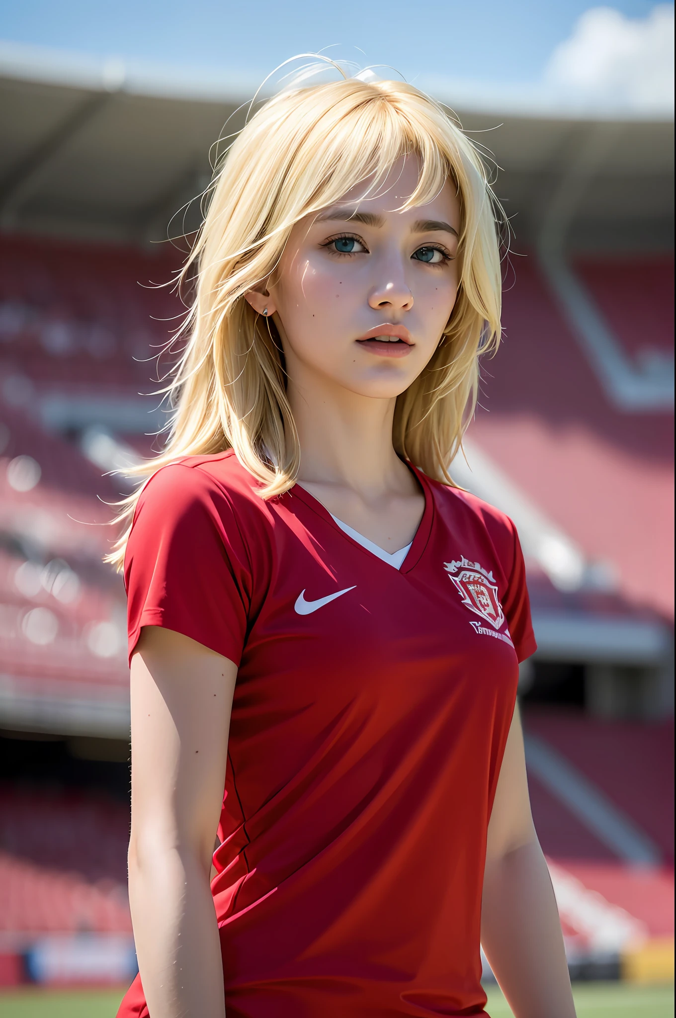 Best quality, masterpiece, ultra high res, (photorealistic:1.4),highly detailed, Caucasian girl blonde hair, no smiling, serious, profesional ,Playing Soccer ,in stadium,red Tshirt and short