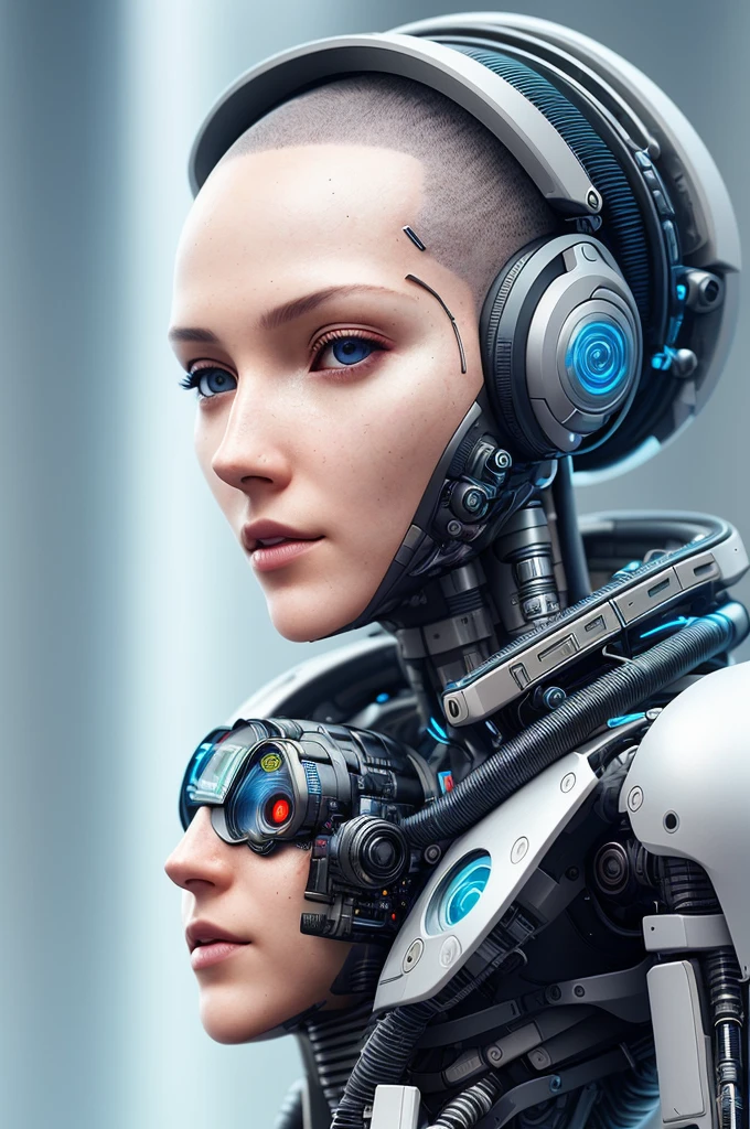 1Cyborg Woman | Female Face | Flesh-colored skin | Electronic Systems On-Head Humanoids | Detailed Brain in Sight | Detailed connection wire | Biopunk | Cybernetics | Cyberpunk | Canon M50| 100mm| Sharp Focus | Hyperrealism | Very detailed| Intricate Details | Side view | Viewers Watching |