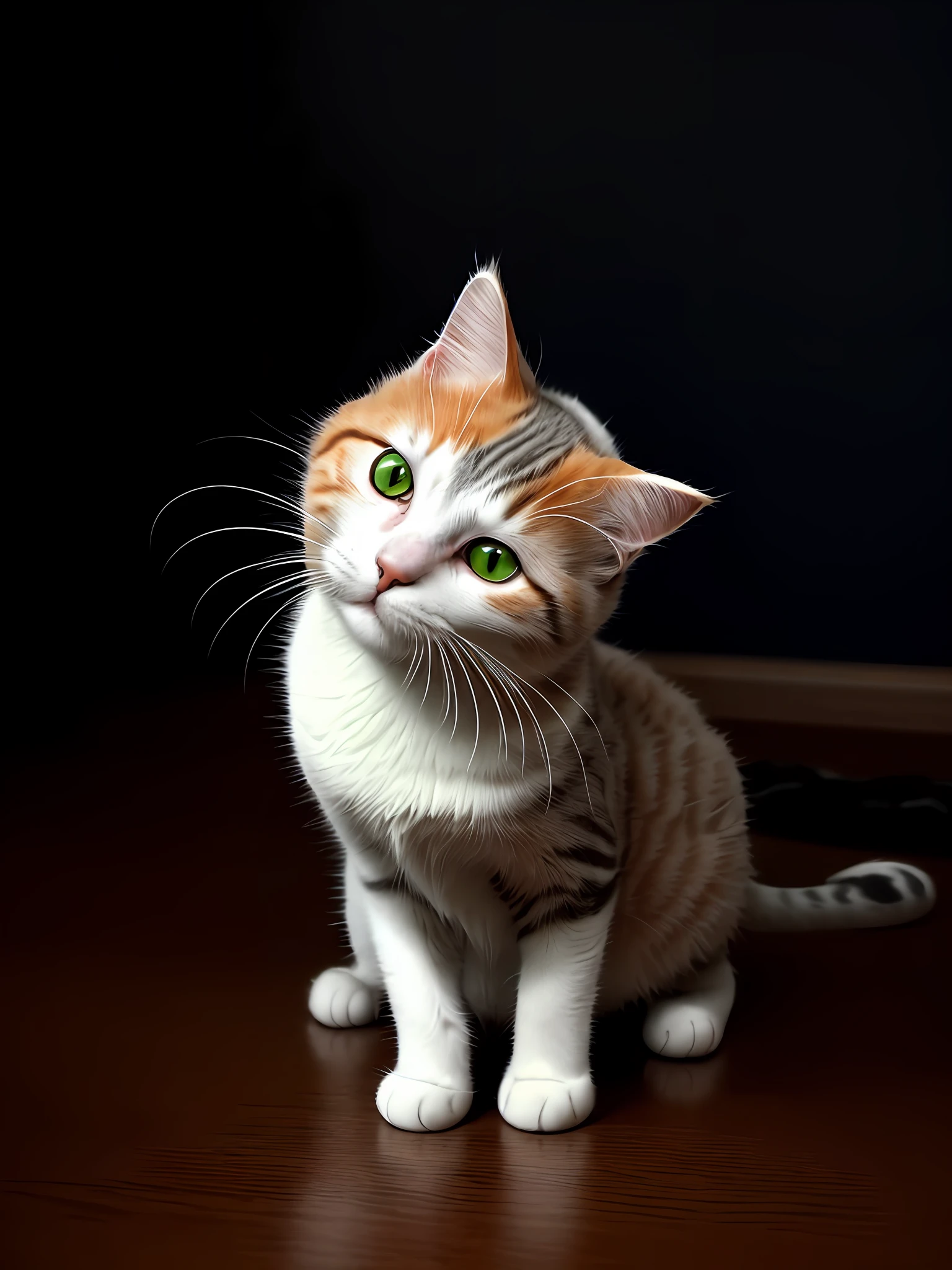 Cute cat, cute cat, orange on cat, gray on cat, cat mixed gray with orange, more orange than gray on cat, all-white paws, white paw, thinner face, green cat eye, no black stripes