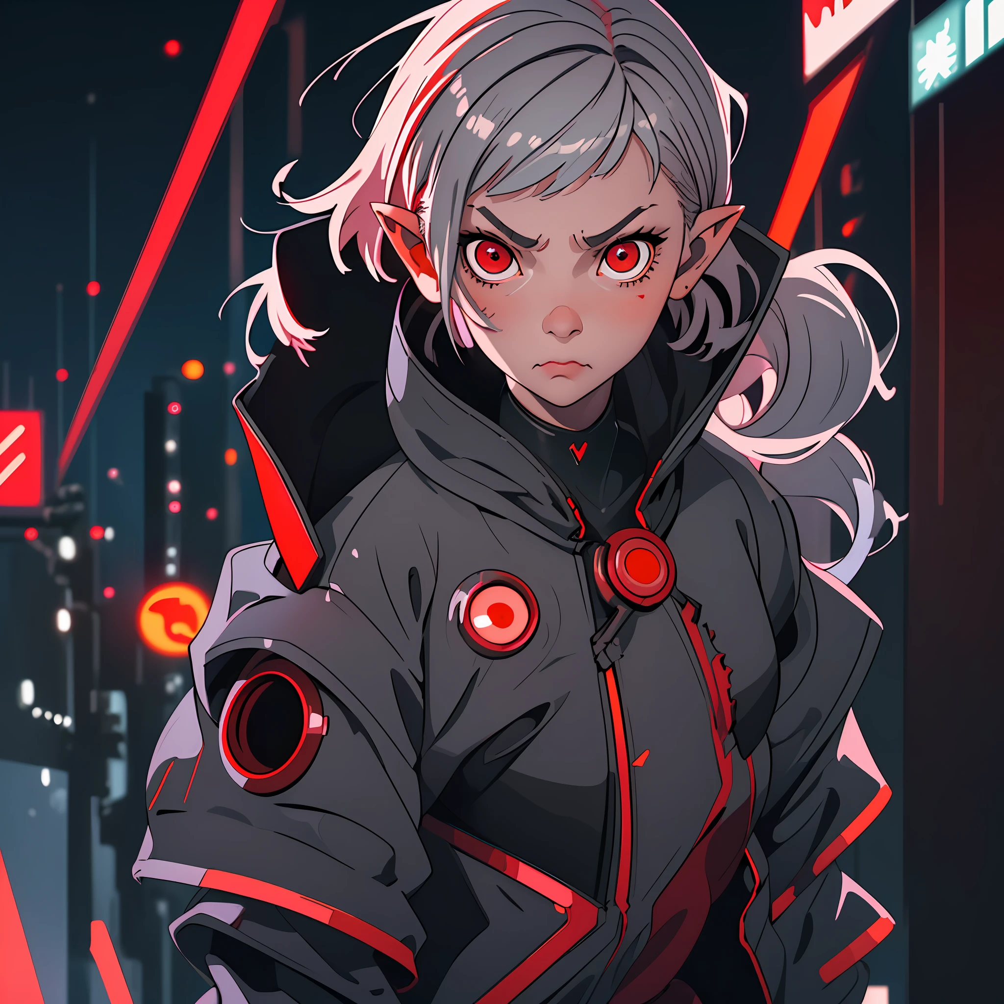 (best quality, masterpiece) one cute chibi girl in a technological suit, gray hair, red eyes, short bob haircut, vampire, pointed ears, close-up, upper half of the body, waist-deep, against the background of a red neon city, looking at the viewer, cyberpunk, a lot of red details, night, illustration, cute look, serious face