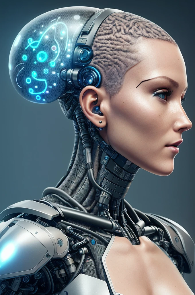 Cyborg Woman | Female Face | Flesh-colored skin | Electronic Systems On-Head Humanoids | Detailed Brain in Sight | Detailed connection wire | Biopunk | Cybernetics | Cyberpunk | Canon M50| 100mm| Sharp Focus | Hyperrealism | Very detailed| Intricate Details | Side view of the face | 1head per body