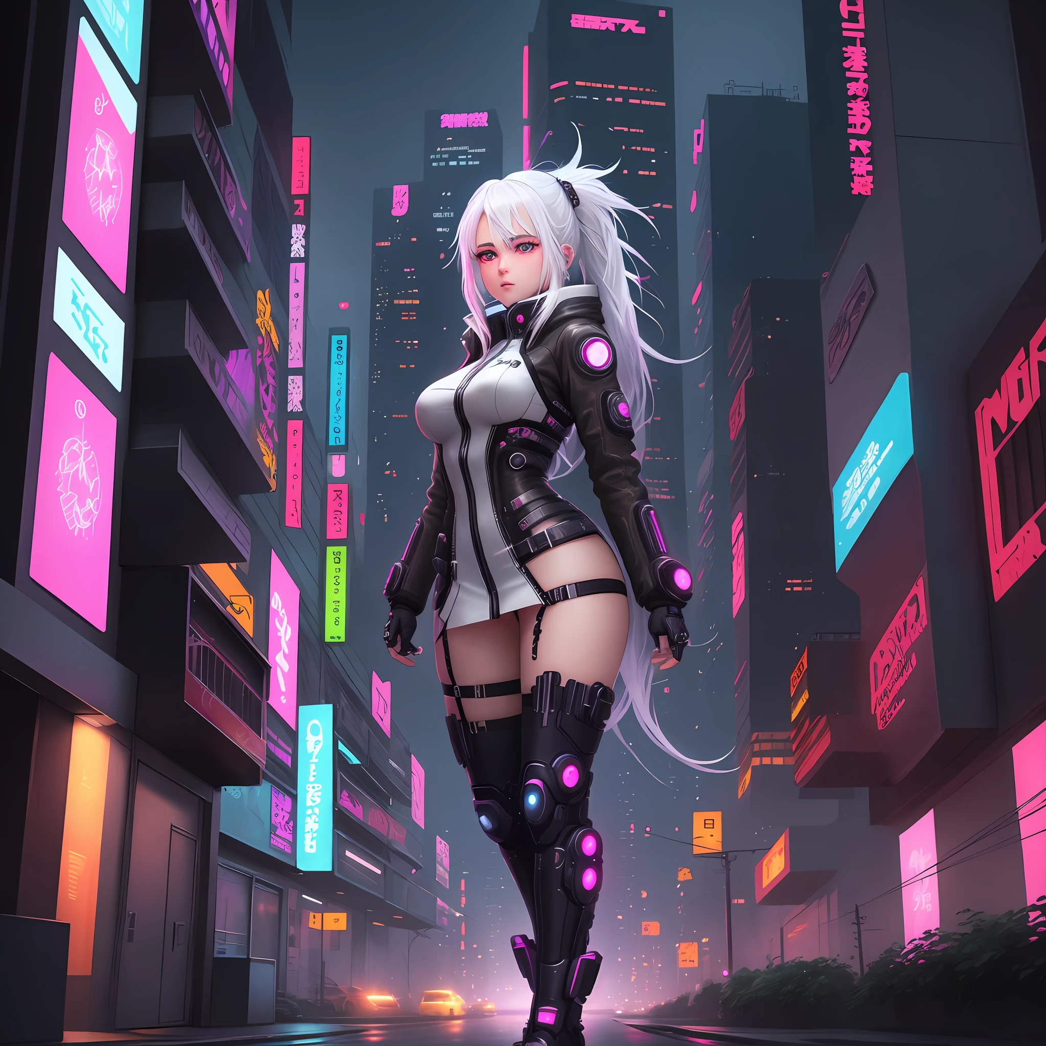 cyberpunk anime girl, white hair, city background, neon details, very detailed, dramatic, anime art --anime