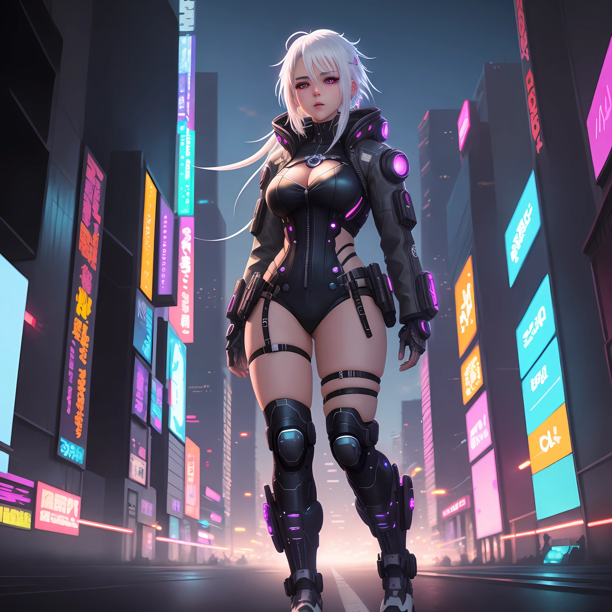 cyberpunk anime girl, white hair, city background, neon details, very detailed, dramatic, anime art --anime