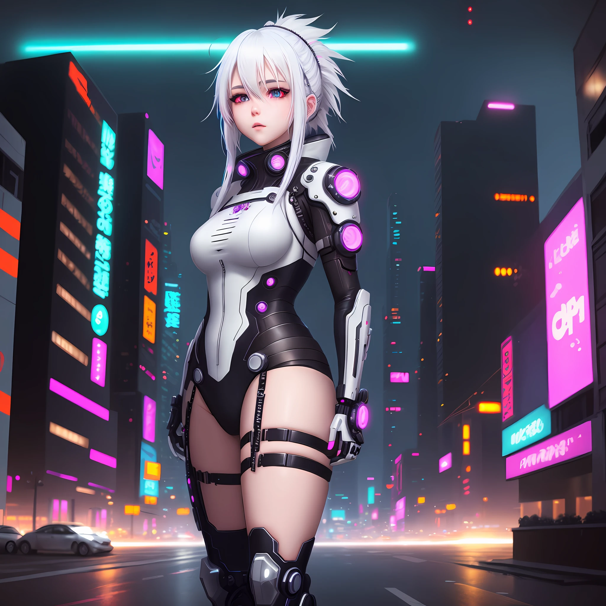 cyberpunk anime girl, white hair, city background, neon details, very detailed, dramatic, anime art --anime
