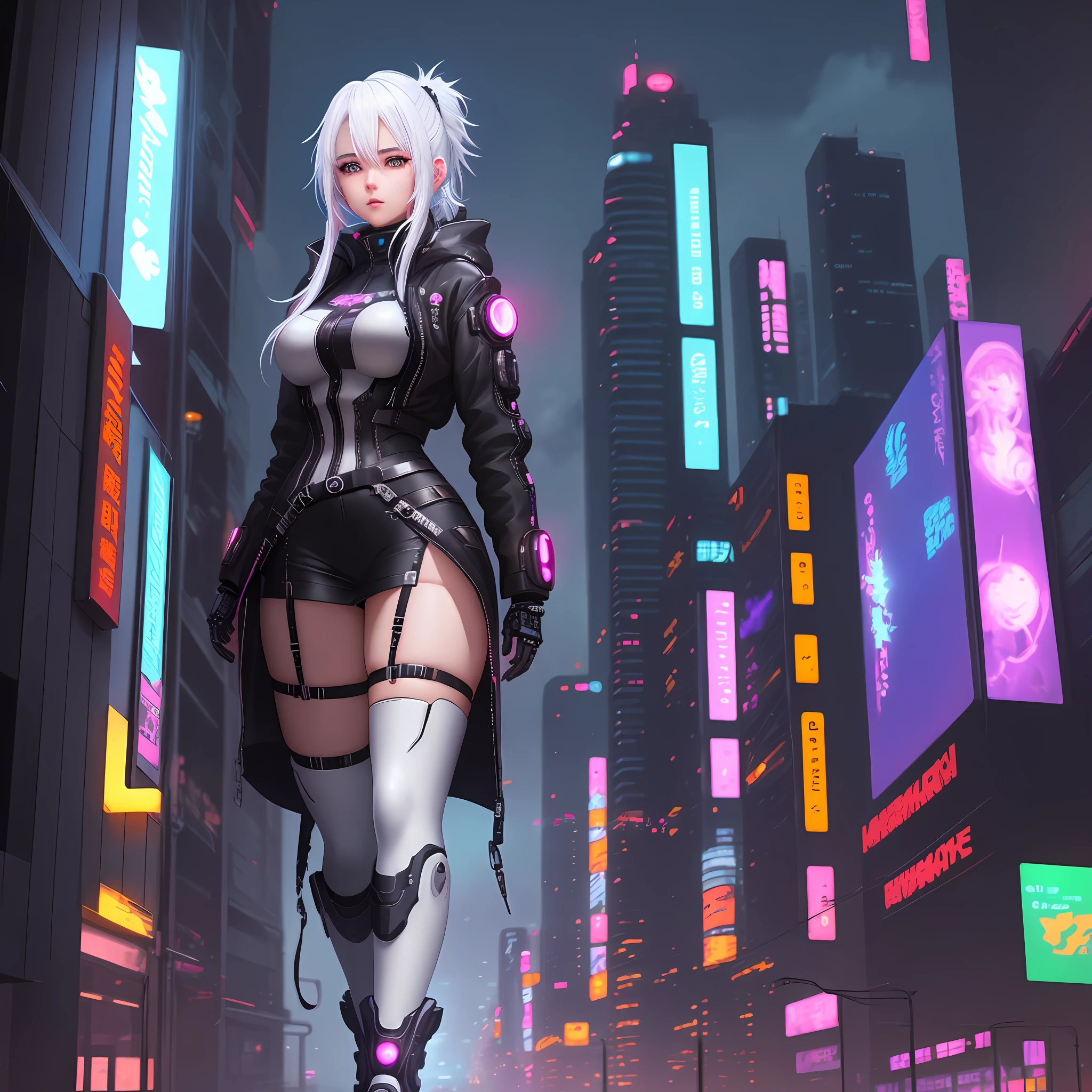 cyberpunk anime girl, white hair, city background, neon details, very detailed, dramatic, anime art --anime