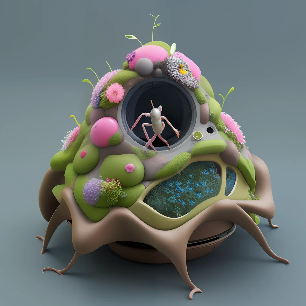 Ultraman shaped ant nest, futuristic ant habitat, nest covered with flowers, 3d, fantasy