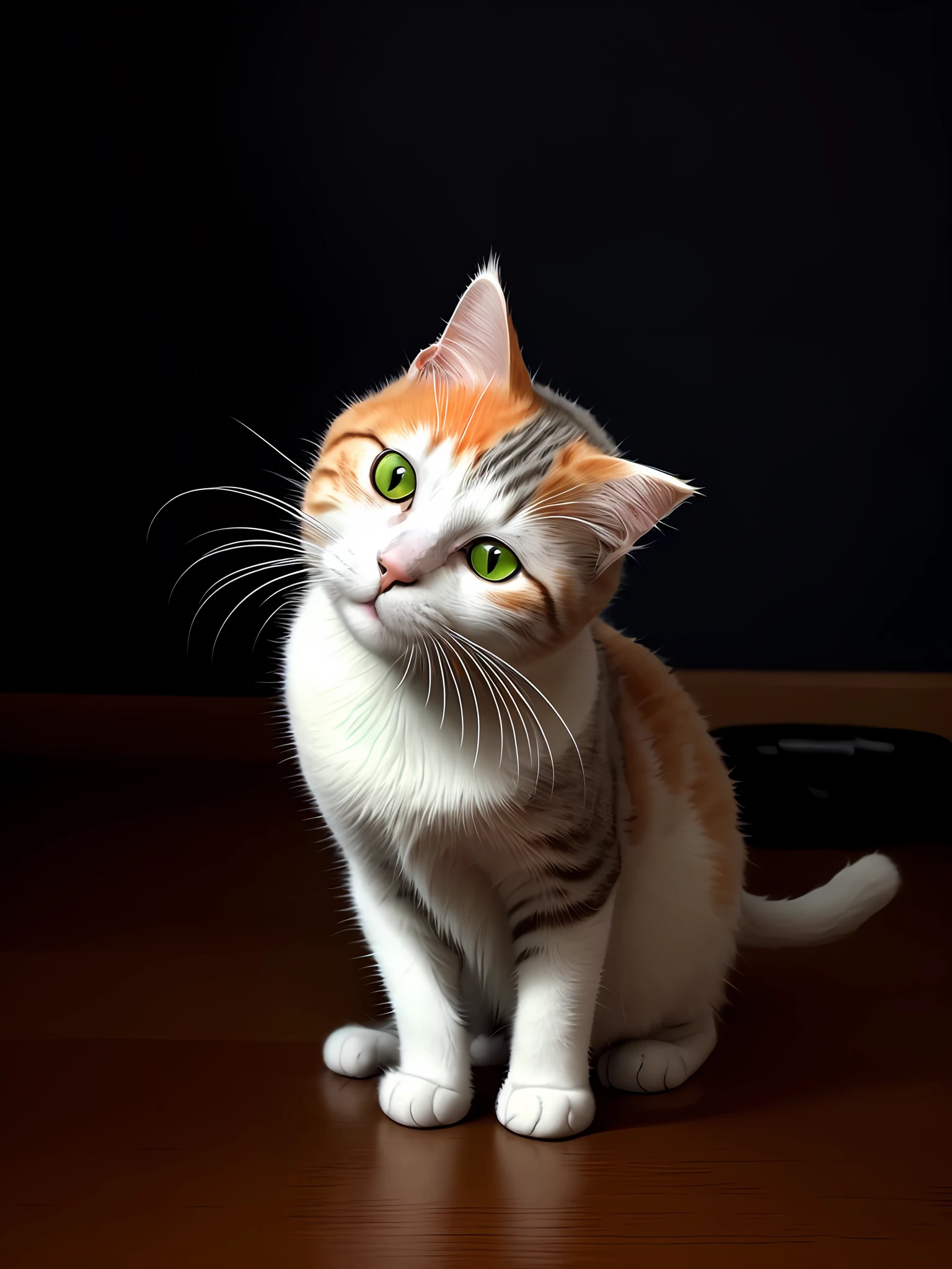 Cute cat, cute cat, orange on cat, gray on cat, cat mixed gray with orange, more orange than gray on cat, all-white paws, white paw, thinner face, green cat eye, no black stripes, gray on cat cheek, orange on nape, thin cat face