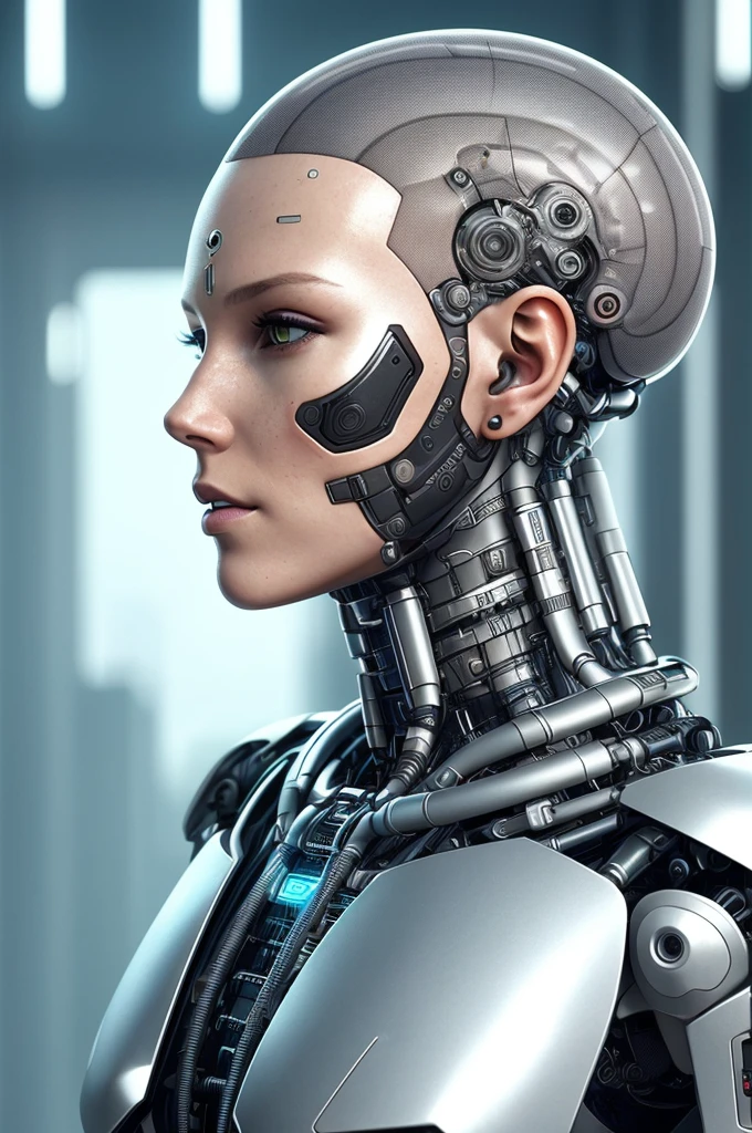 Cyborg Woman | Female Face | Flesh-colored skin | Electronic Systems On-Head Humanoids | Detailed Brain in Sight | Detailed connection wire | Biopunk | Cybernetics | Cyberpunk | Canon M50| 100mm| Sharp Focus | Hyperrealism | Very detailed| Intricate Details | Side view | Staring straight ahead | 1head per body