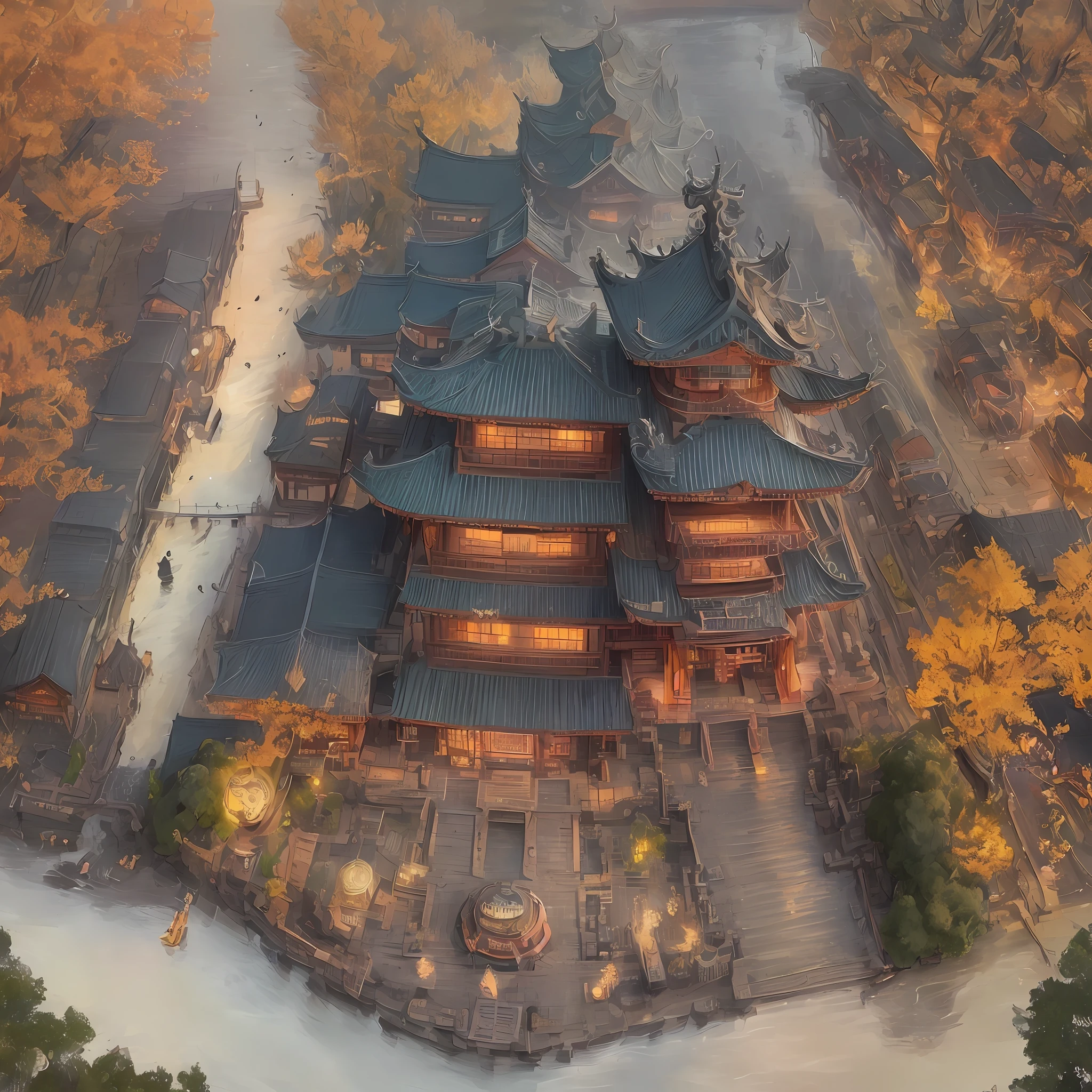 Hanshan Temple outside Gusu City, the midnight bell to the passenger ship, superb, masterpiece, illustration, wallpaper, absurd, bird&#39;s eye view, bird&#39;s eye view: 0.3