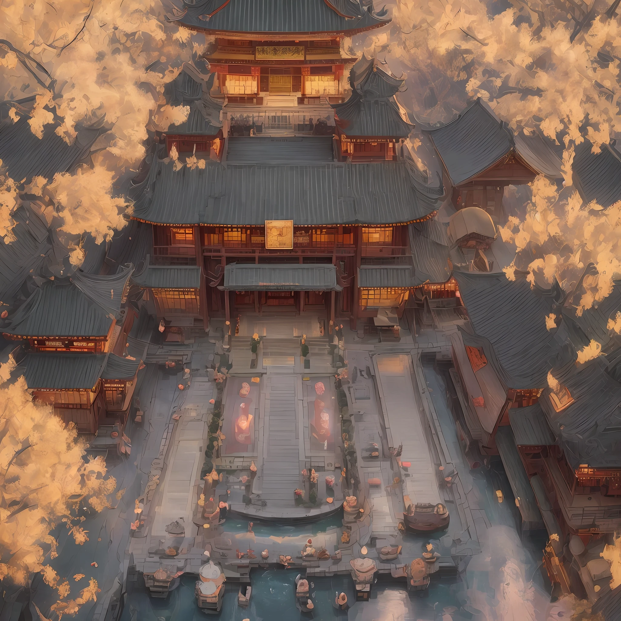 Hanshan Temple outside Gusu City, the midnight bell to the passenger ship, superb, masterpiece, illustration, wallpaper, absurd, bird's eye view, bird's eye view: 0.3