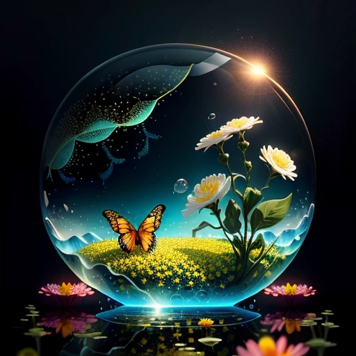anthill with flowers and insects trapped in a water bubble on top realistic