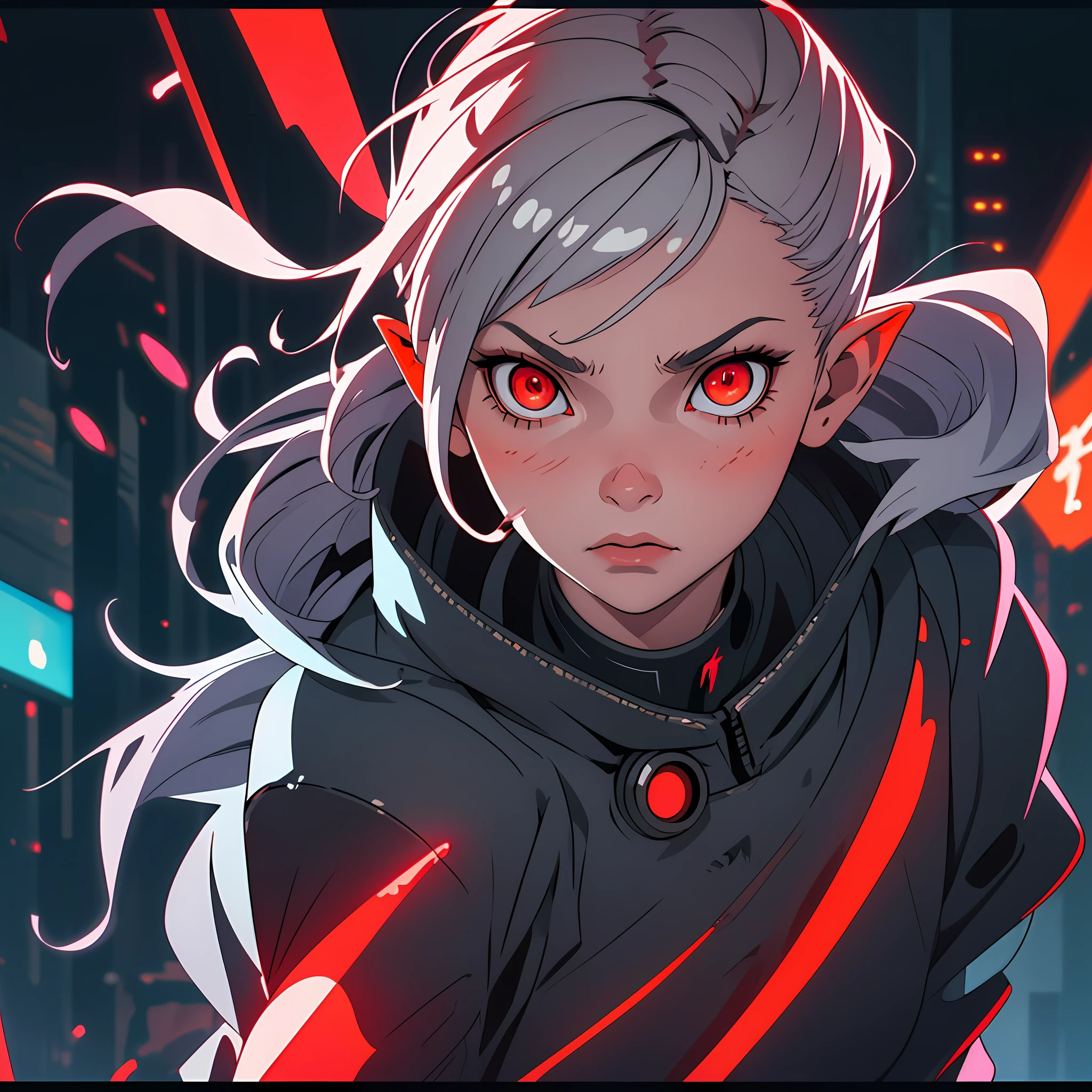 (best quality, masterpiece) one Cute chibi girl (girl:1) in a technological suit, gray hair, red glowing eyes, short haircut square, vampire, pointed ears, close-up, upper half of the body, waist-high, in the center of the frame, dramatic light, on the background of a red neon city, looking at the viewer, cyberpunk, a lot of red details, night, illustration, stern face