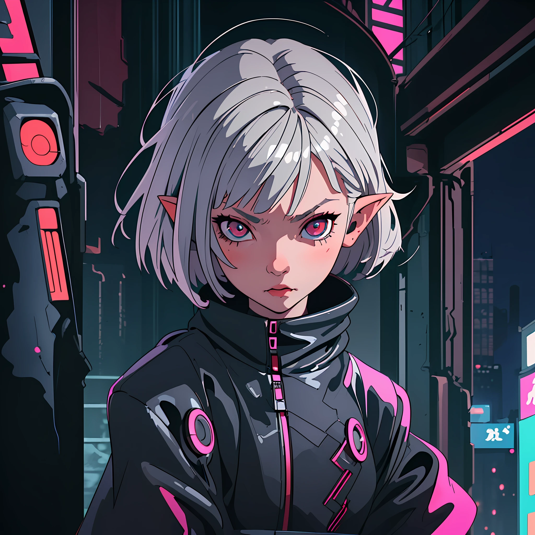 (Best Quality, Masterpiece) Cute chibi girl in tech suit, gray hair, glowing red eyes haircut square, vampire, pointed ears, close-up, upper half of the body, waist-deep, against the background of red neon city, looking at the viewer, cyberpunk, night, illustration, harsh look